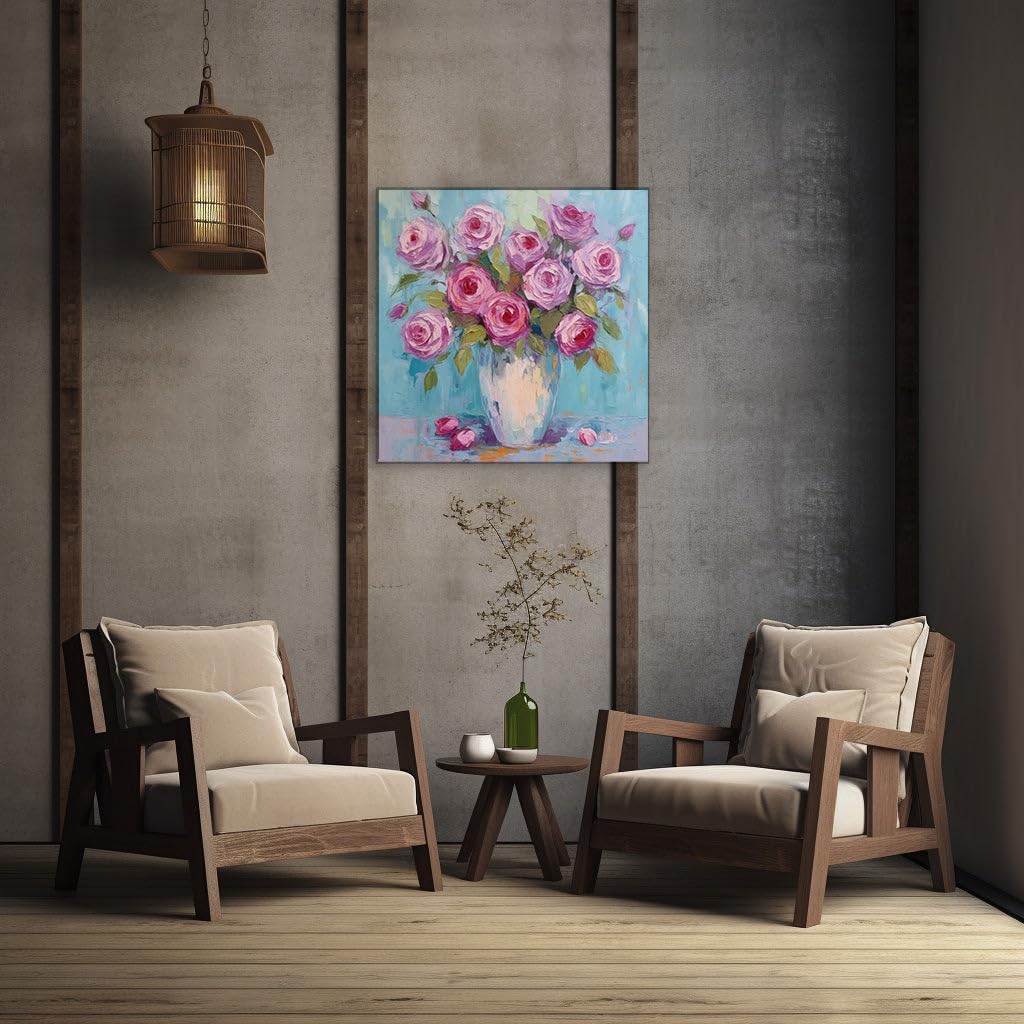 Art Wall: Delicate Pink Roses in a Simple Vase Against a Soft Blue Background. Interior Decor, Canvas Art Design, Art Apartment Decoration, Office Arts Design. Size: 69x46 cm (27x18 inch)
