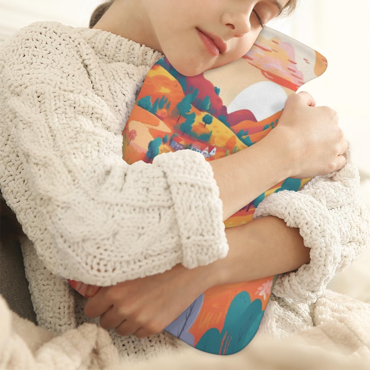 Hot Water Bottle with Soft Cover,2L Fantastic Village Hot Water Bag for Hot and Cold Compress, Hand Feet Warmer, Watercolor Village Rubber Hot or Cold Water Bottle Halloween Christmas Decorations