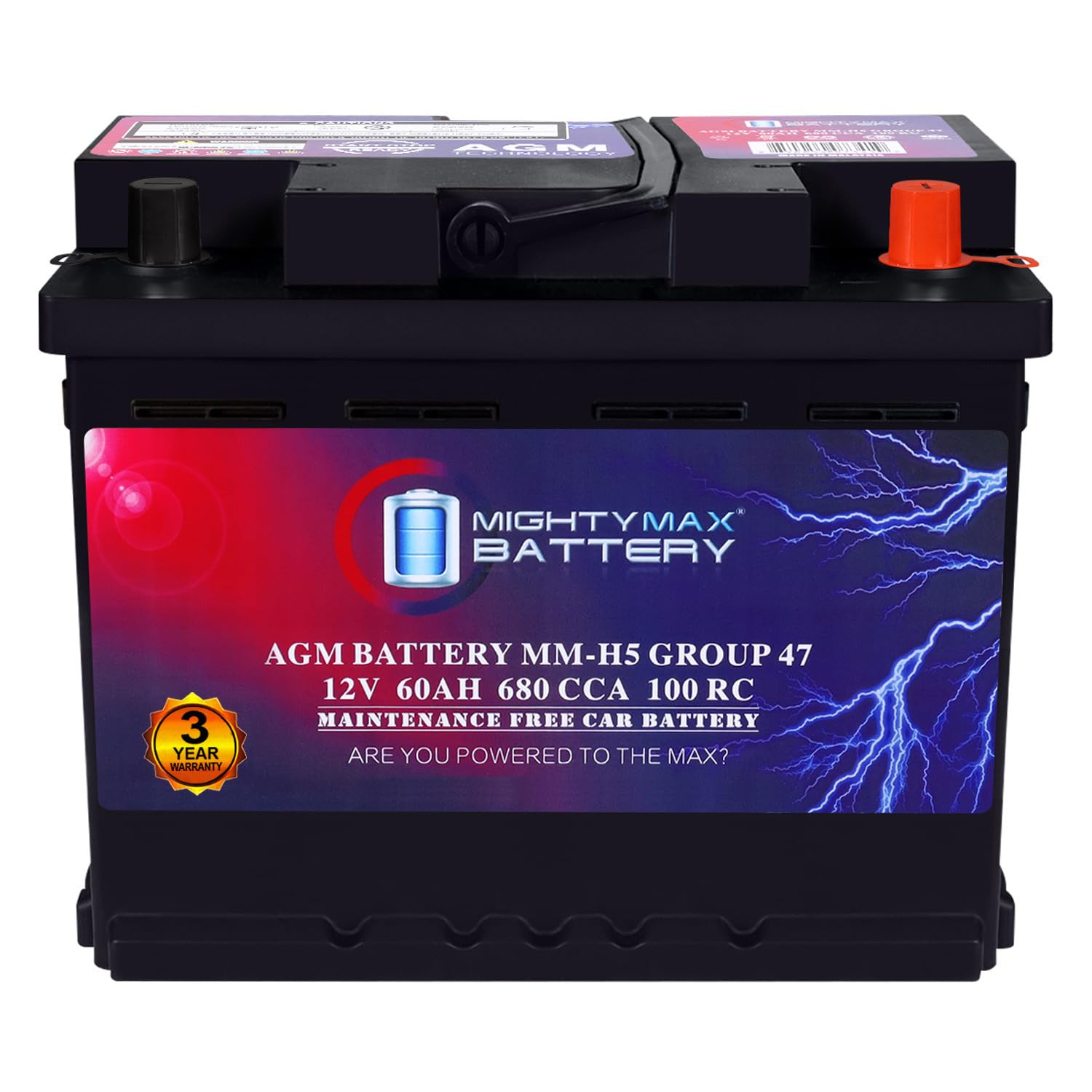 Mighty Max Battery MM-H5 Start and Stop Car BCI Group Size 47 12V 60 AH, 100RC, 680 CCA Rechargeable AGM Car Battery
