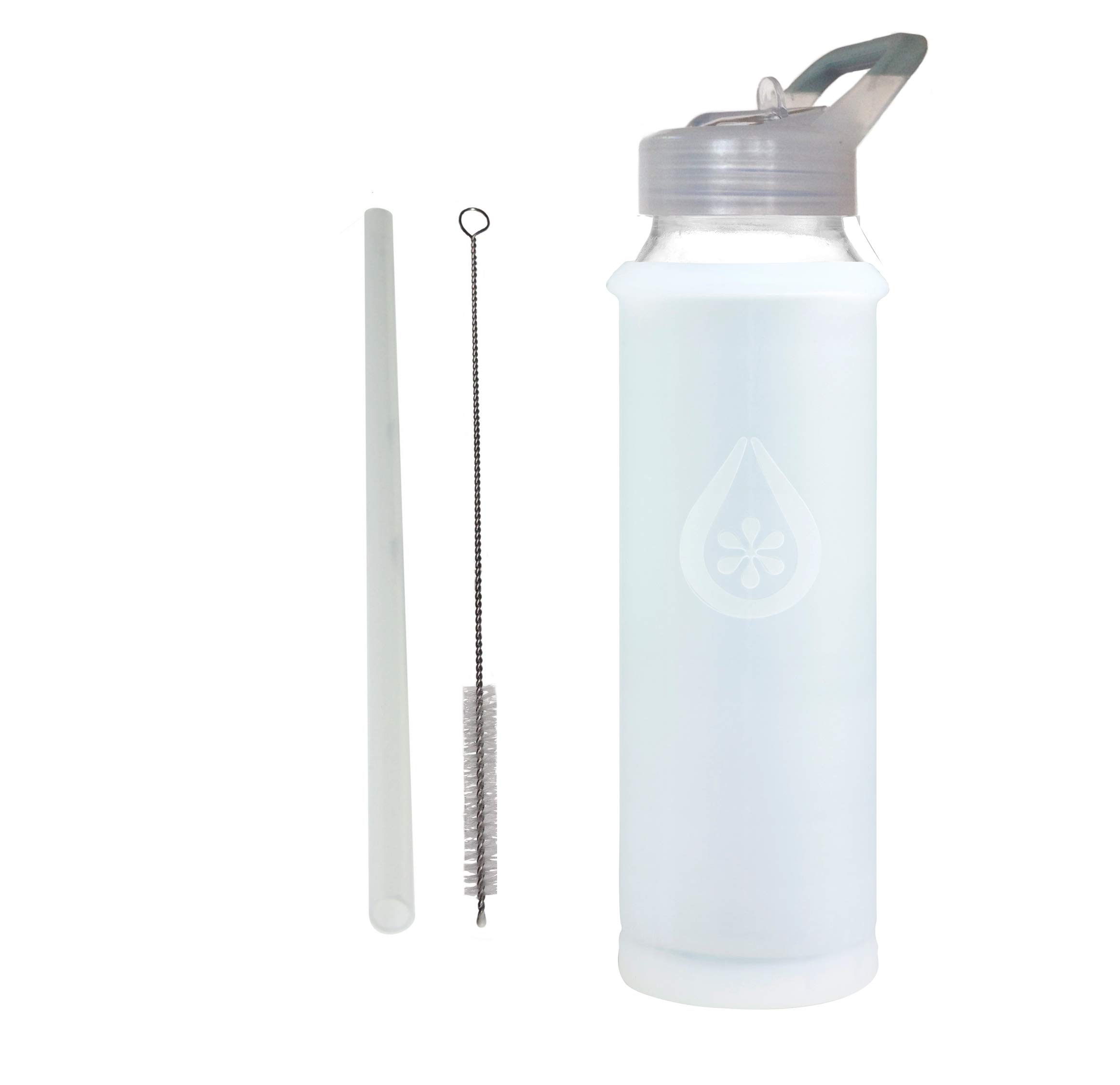 Glass Water Bottle with Straw Lid, Snow Bumperguard Silicone Sleeve, Wide Mouth Opening, 21 Ounce/630 ml