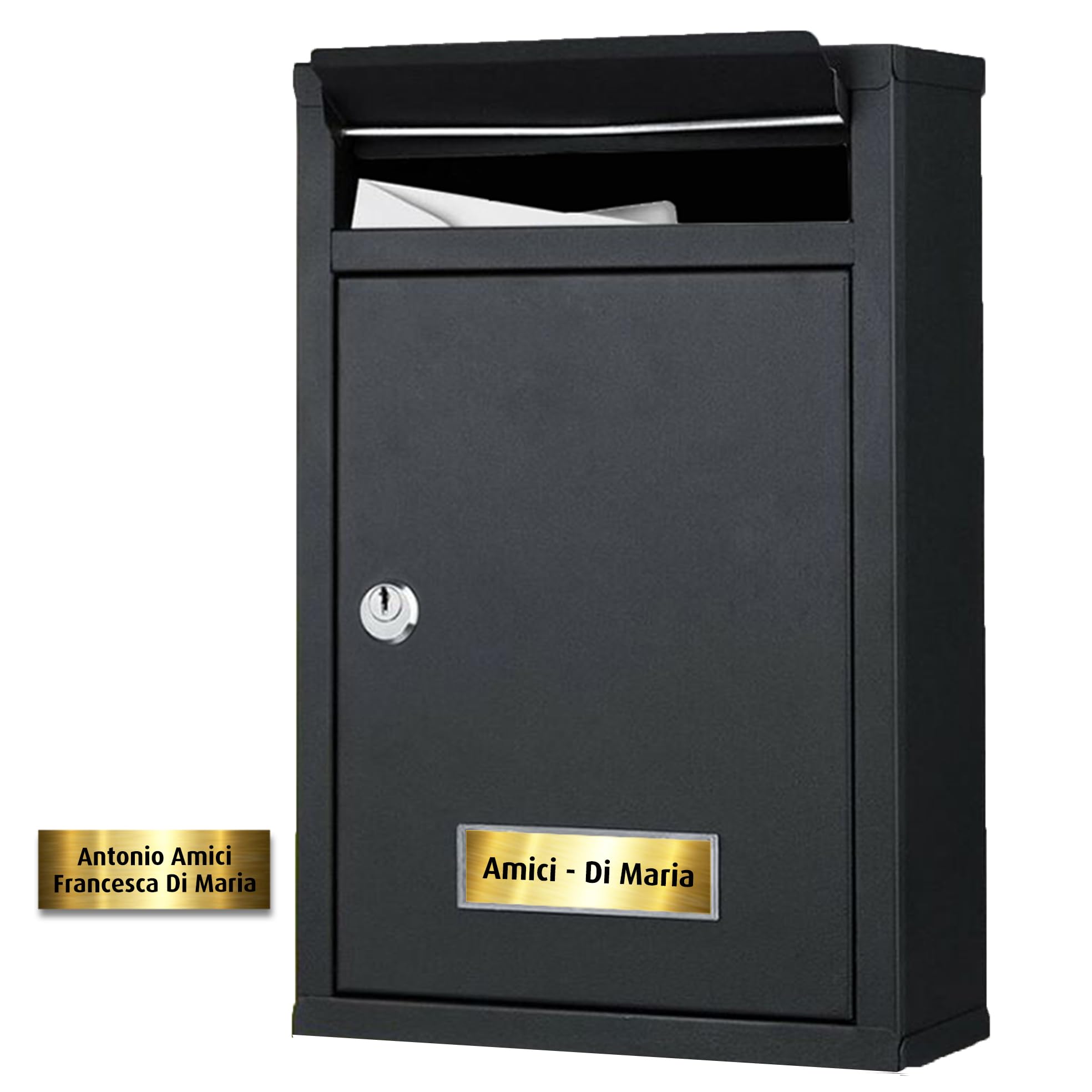 Targhetta nome personalizzata per cassetta postale o citofono, incisa a laser, autoadesiva, su laminato plastico colore ORO - MADE IN ITALY