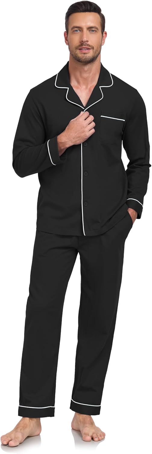 COLORFULLEAF Men's 100% Cotton Pajama Sets Breathable Long Sleeve Pjs Mens Cotton Sleepwear With Pockets - Image 6