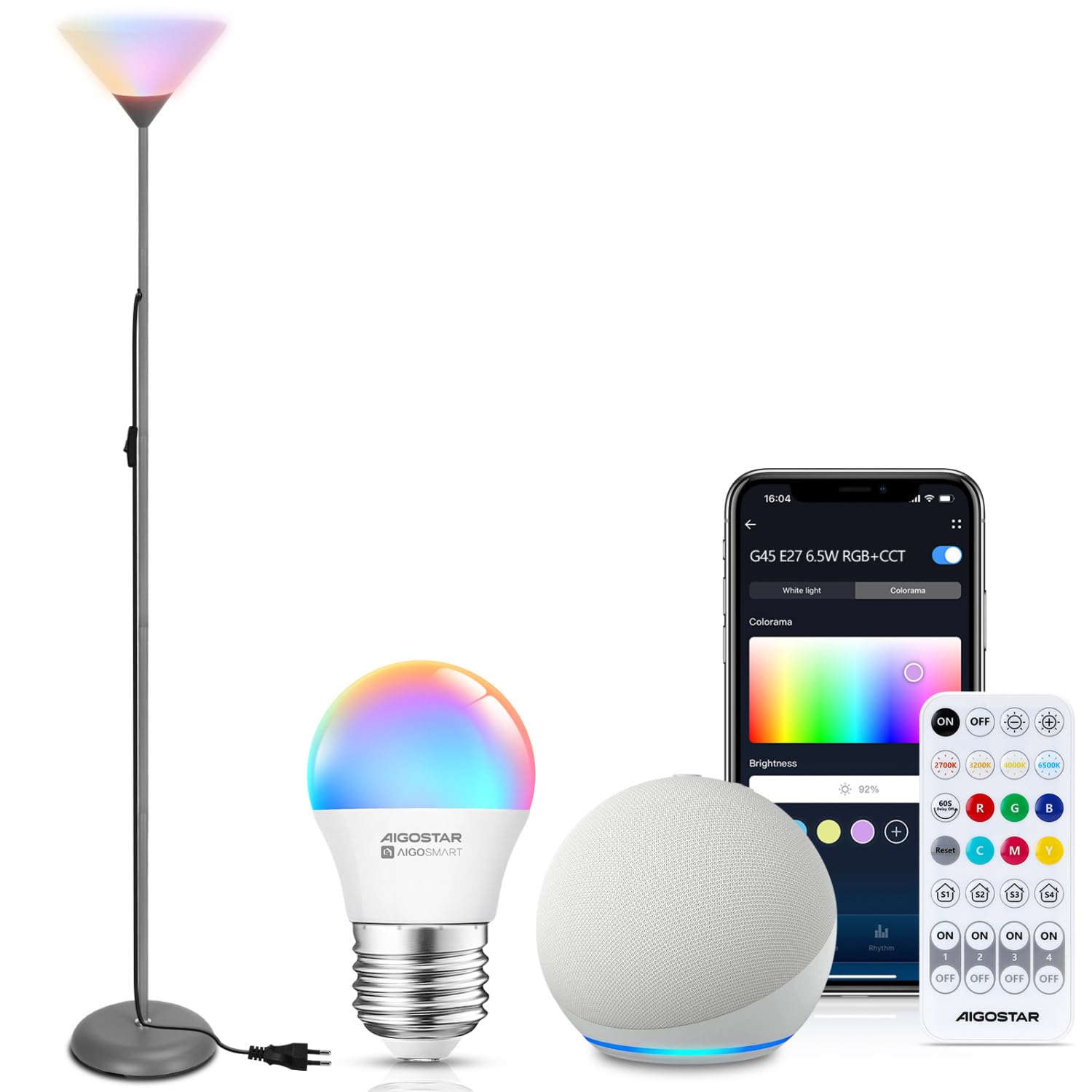 Aigostar Lámpara de Pie Moderna, con Mando a Distancia y Bluetooth Mesh G45 E27 Bombilla LED RGB & 2700K-6500K, Lámpara de Pie Regulable, Compatible con Alexa, 175 cm