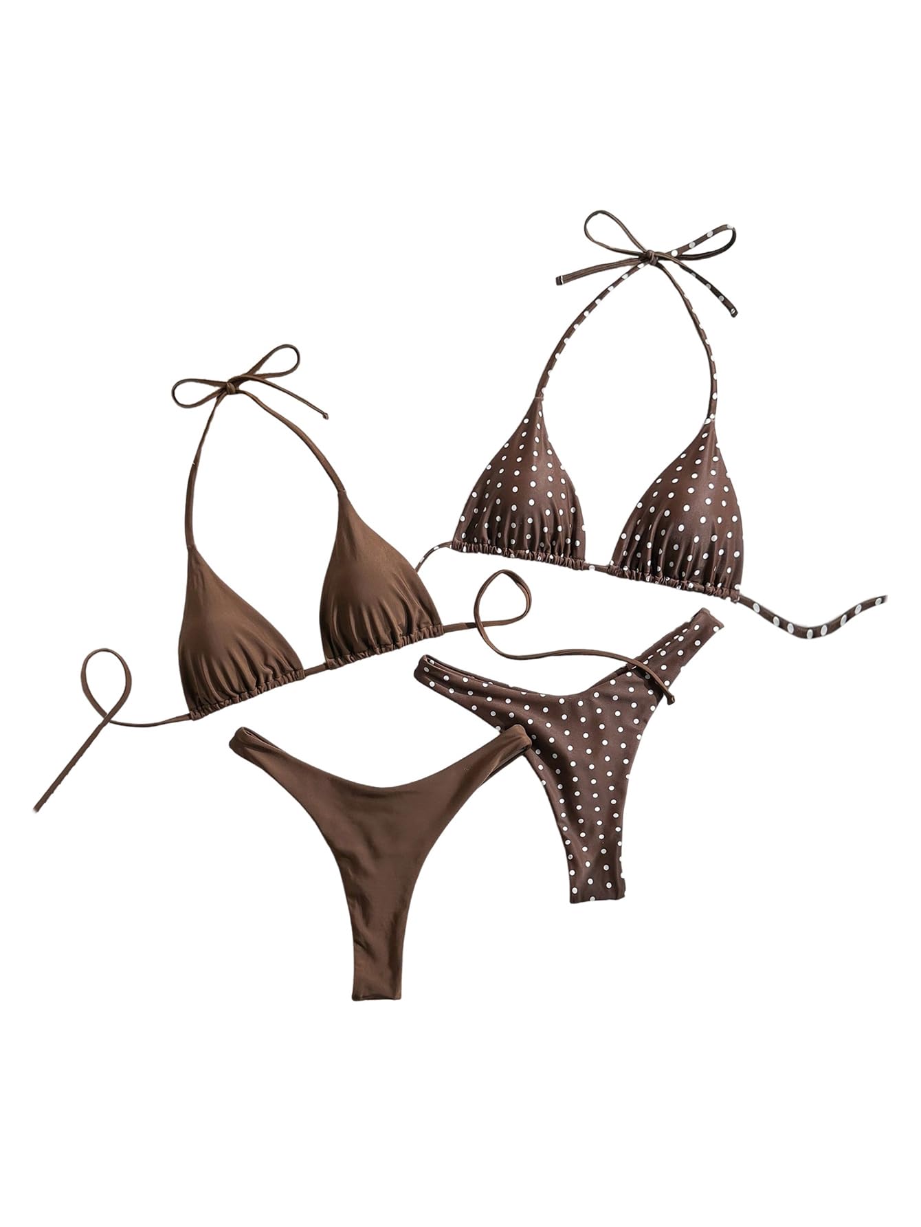 Damski 4-częściowy Strój Kąpielowy Groszki Trójkątny Halter Stringi Bikini Set Marszczony, Głęboko Wycięty Kostium Brązowy X-Small