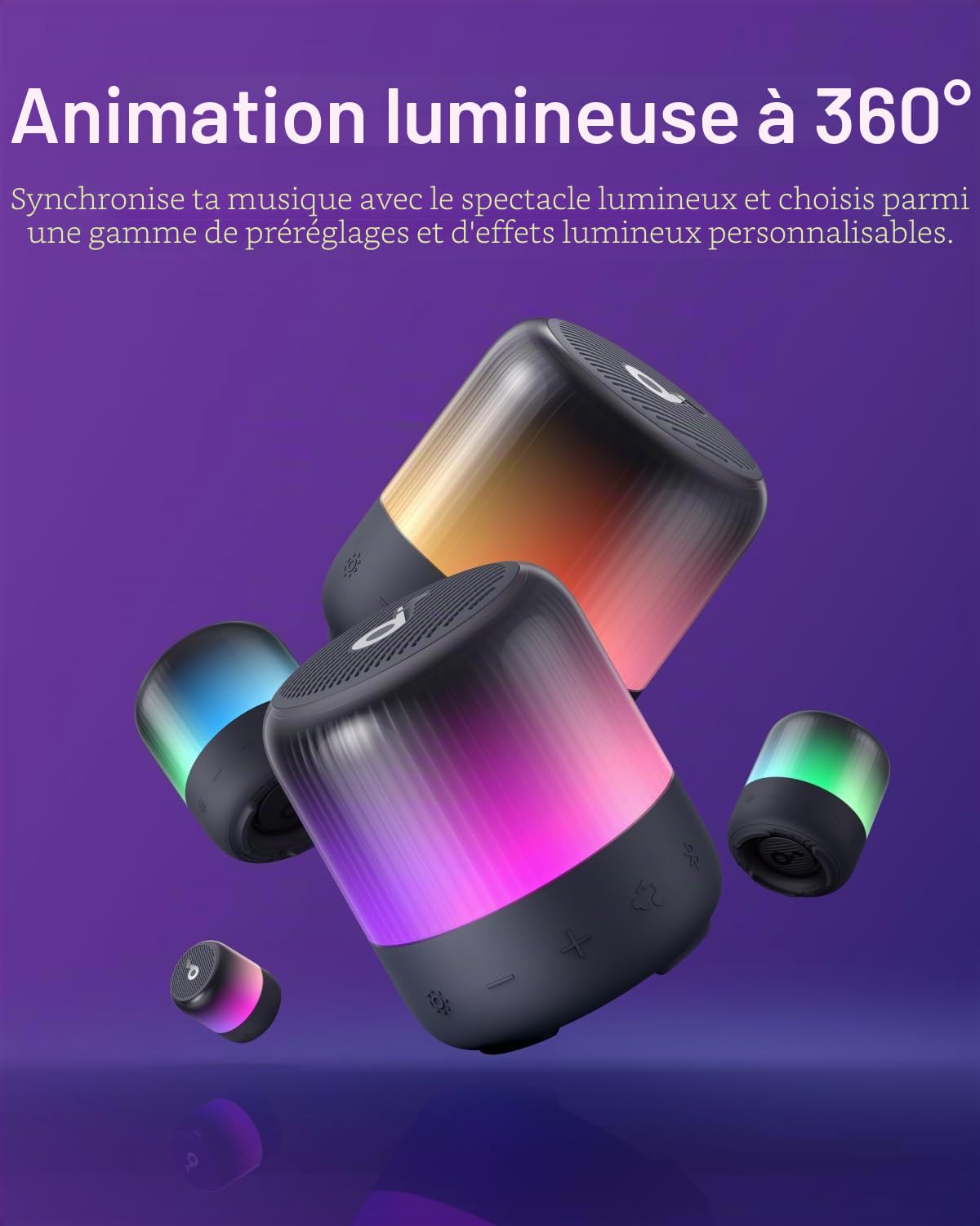 soundcore Glow Mini Enceinte Bluetooth Puissante, Son 360°, Jeu de lumière, Batterie 12h, EQ/lumière Personnalisables, IP67, pour Camping, Maison, fêtes Plage