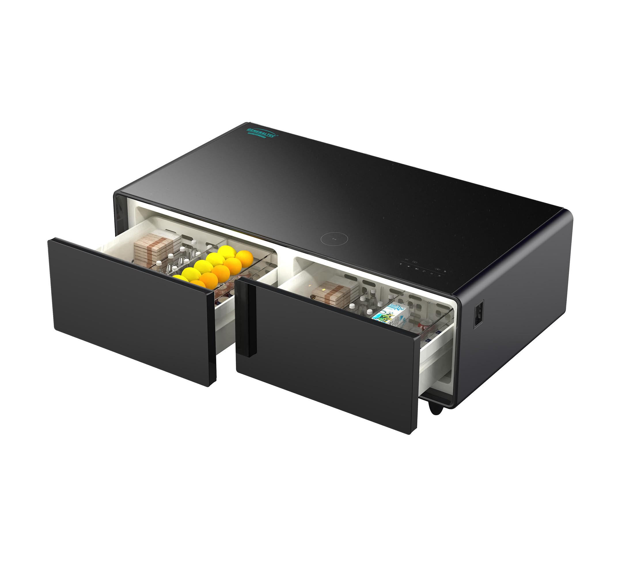 GeneraltecSmart Refrigerator and Digital Music Table, Bluetooth/USB Speaker, Tempered Glass, Touch Control, Dual USB Charging, 135L (65L+70L) Capacity, Wireless Mobile Charging 15W, Electric Ports