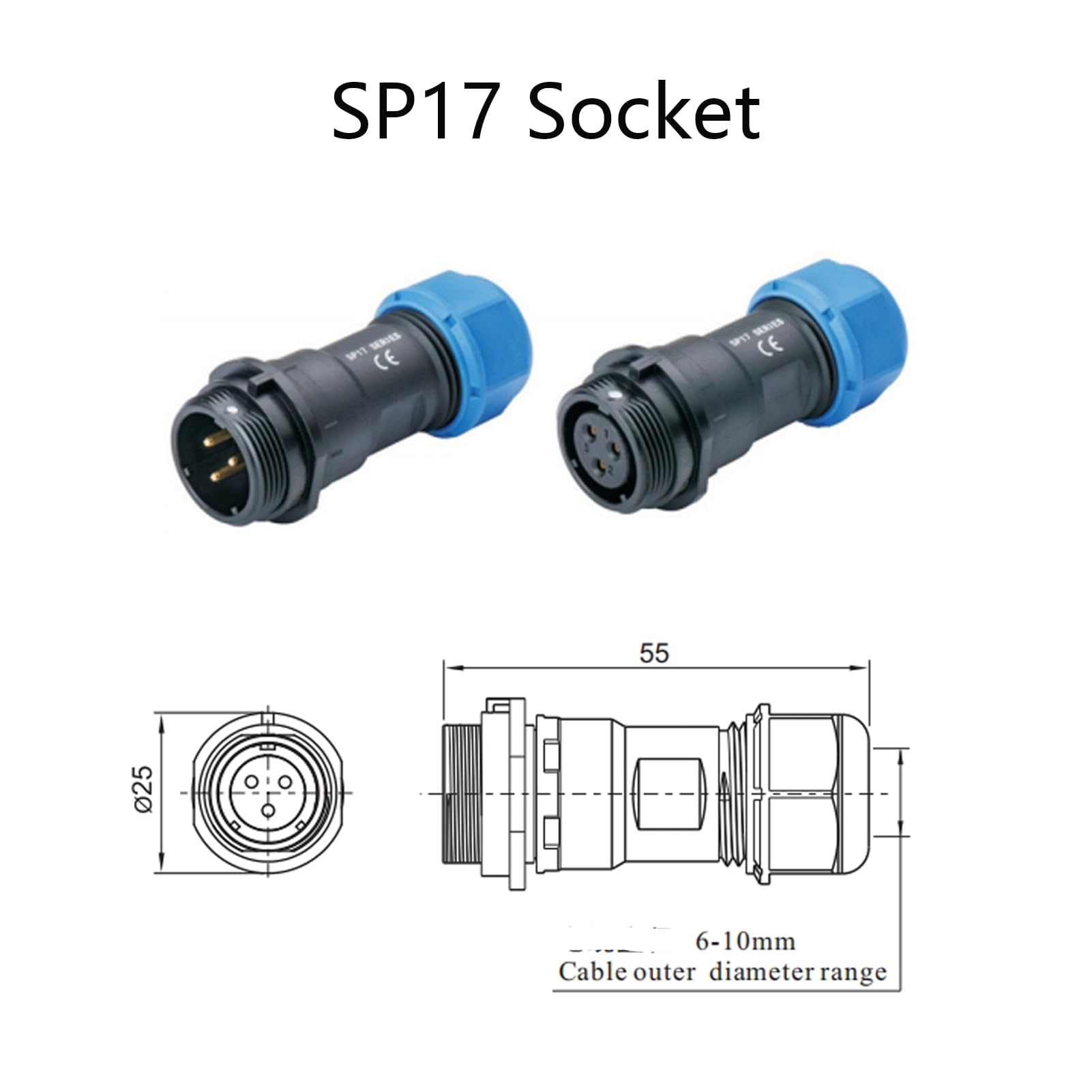 Lot de 5 connecteurs d'aviation SP17 à 2 broches, IP68, 2 broches, sans soudure, connecteur d'aviation étanche pour lampes extérieures 500 V 10 A (sertissage à vis de câble 14AWG)