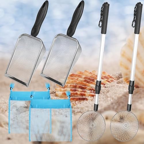 MBJZSL 6pcs Shelling Tools for Beach Include Sand Sifter with Extra Long Adjustable Handle, Mesh Beach Bag Beach Mesh Shovel, Sand Scoop for Kids Girls Boys, Black