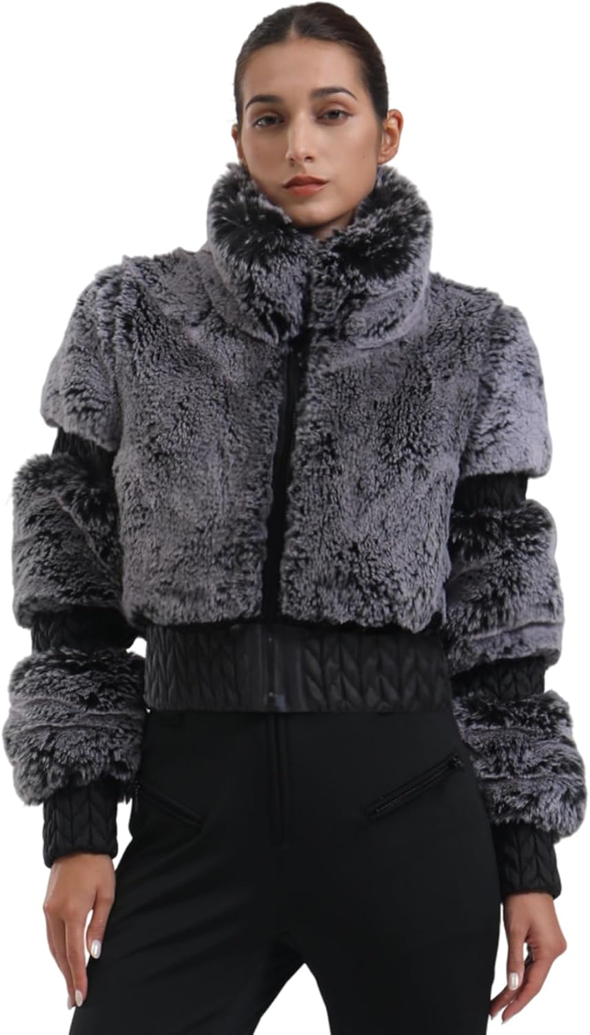 GSOU SNOW Women Ski Jacket Faux Fur Snowboard Coat Snow Cropped Jacket Winter Outdoor Warm