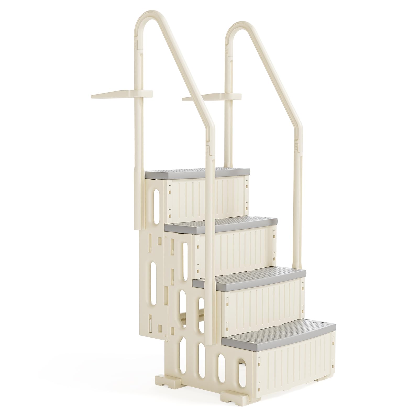 Bonnlo Échelle de piscine en plastique avec bandes antidérapantes et main courante - 4 marches - Charge maximale de 180 kg - Pour piscines hors sol / encastrées - Blanc et gris