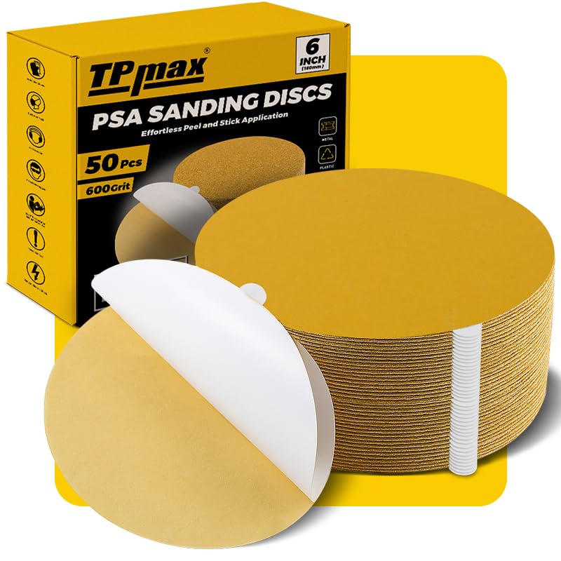 6-Inch 600-Grit Gold PSA Sanding Discs, 50 Pack – Pro-Grade Self-Adhesive Stickyback Sandpaper with Quick-Release Tabs for DA Sander, Micro-Finishing Automotive/Wood/Metal Sanding