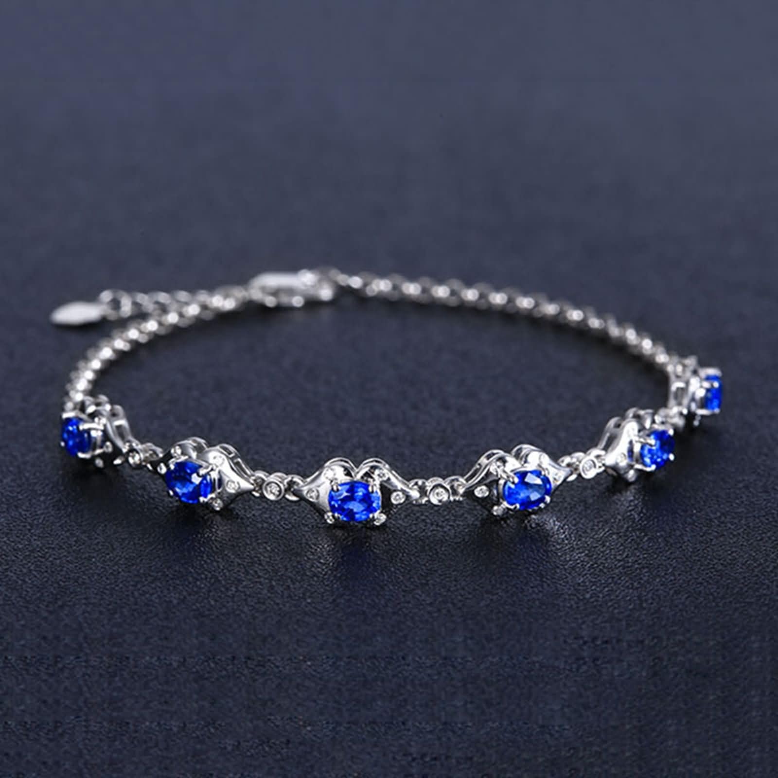 Pulsera Mujer de Oro Blanco 9 Kilates / 14 Kilates / 18 Kilates, Oval con Zafiro Creado de 1,79 ct y Moissanita, Cadena Extensible 16 CM + 5 CM, Pulsera Mujer de Plata Azul