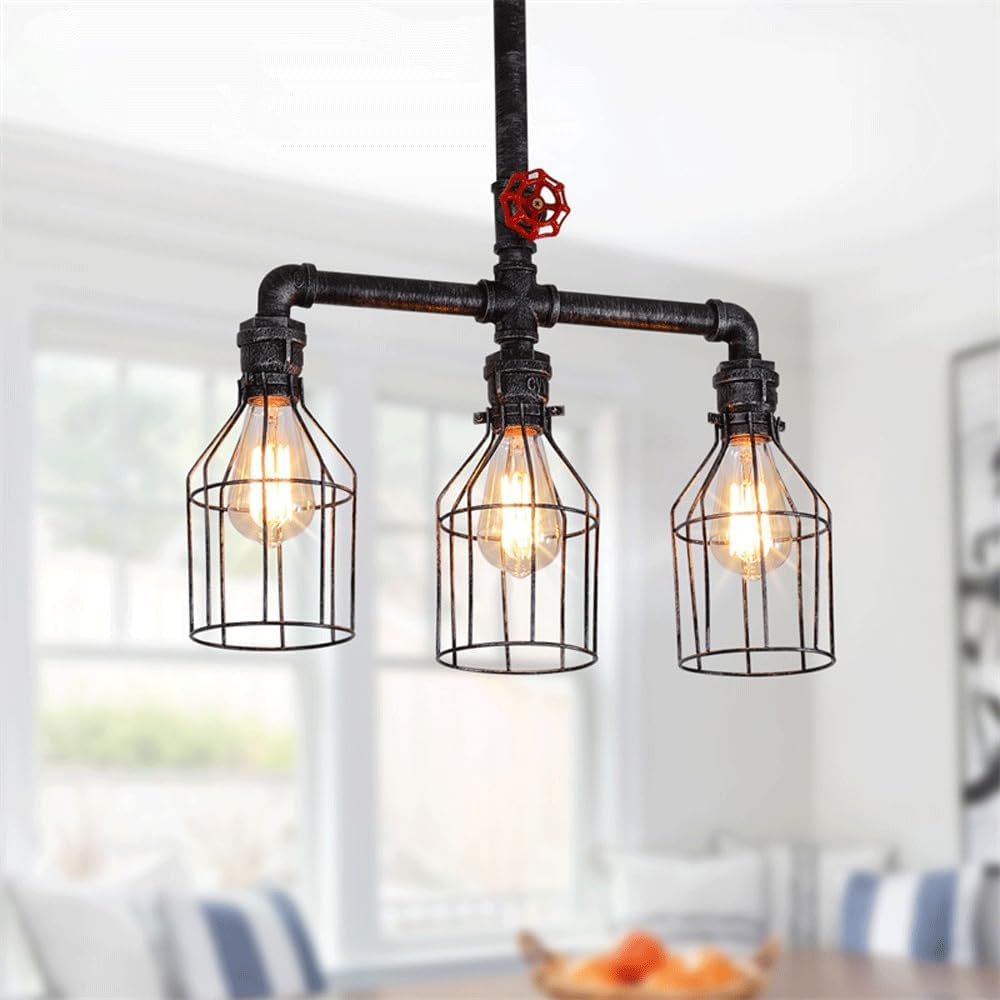 3-Light Vintage Industrial Chandelier, Steamwater Pipe Light Fixture with Cage Shade Dining Room Kitchen Island Lighting Hanging Ceiling Lights