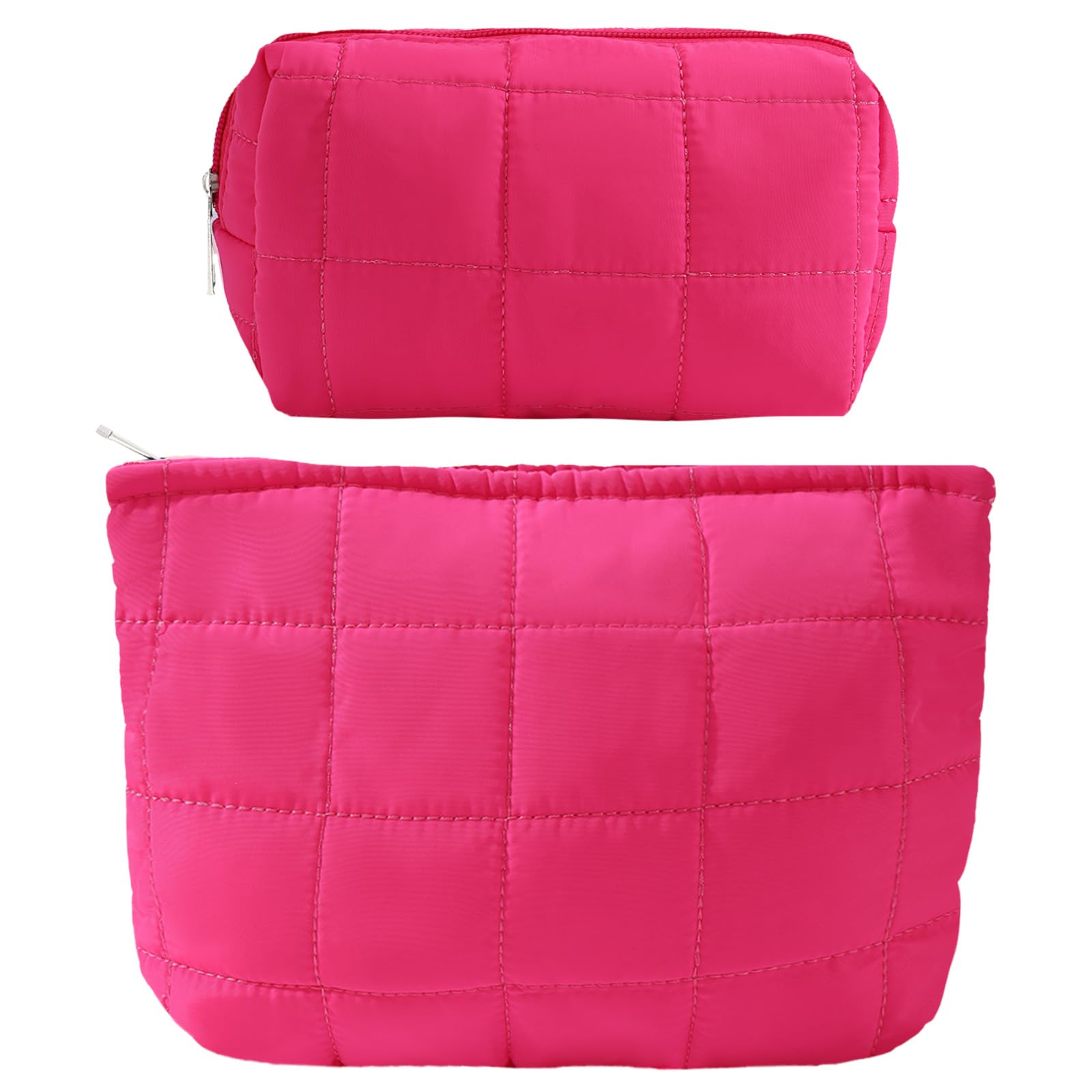 LYDZTION2Pcs Puffy Makeup Bag Cosmetic Bag for Women,Quilted Makeup Bag Pencil Pouch Checkered Makeup Bag Makeup Pouch Organizing Bag Travel Makeup Bag, Rose Red