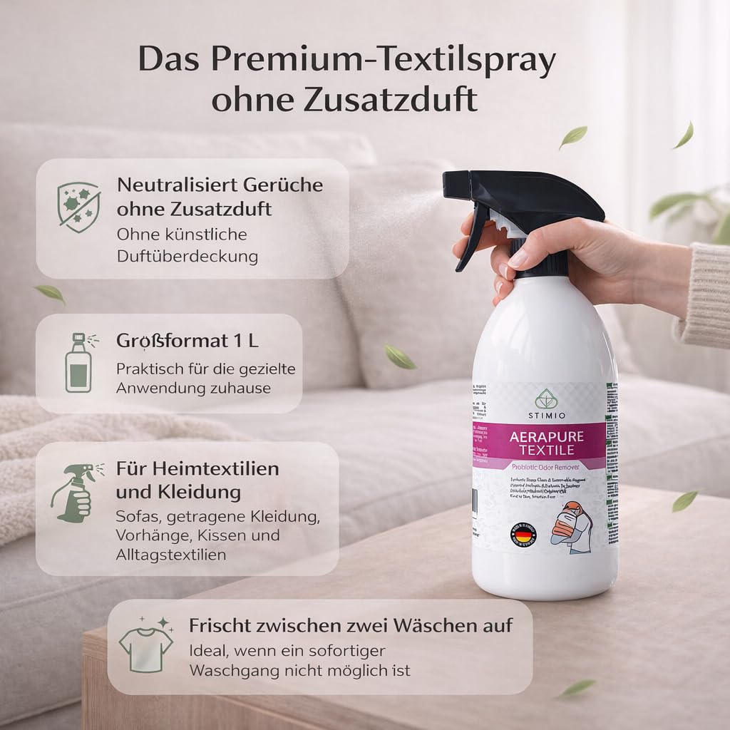 Textilien ohne Waschmaschine frisch bekommen – Stimio PROBIOTISCHES TEXTILSPRAY 1000 ml – NATÜRLICHER Geruchskiller für Sofa, Matratze, Kleidung, Auto & Co. – ohne Duftstoffe, OHNE CHEMIE