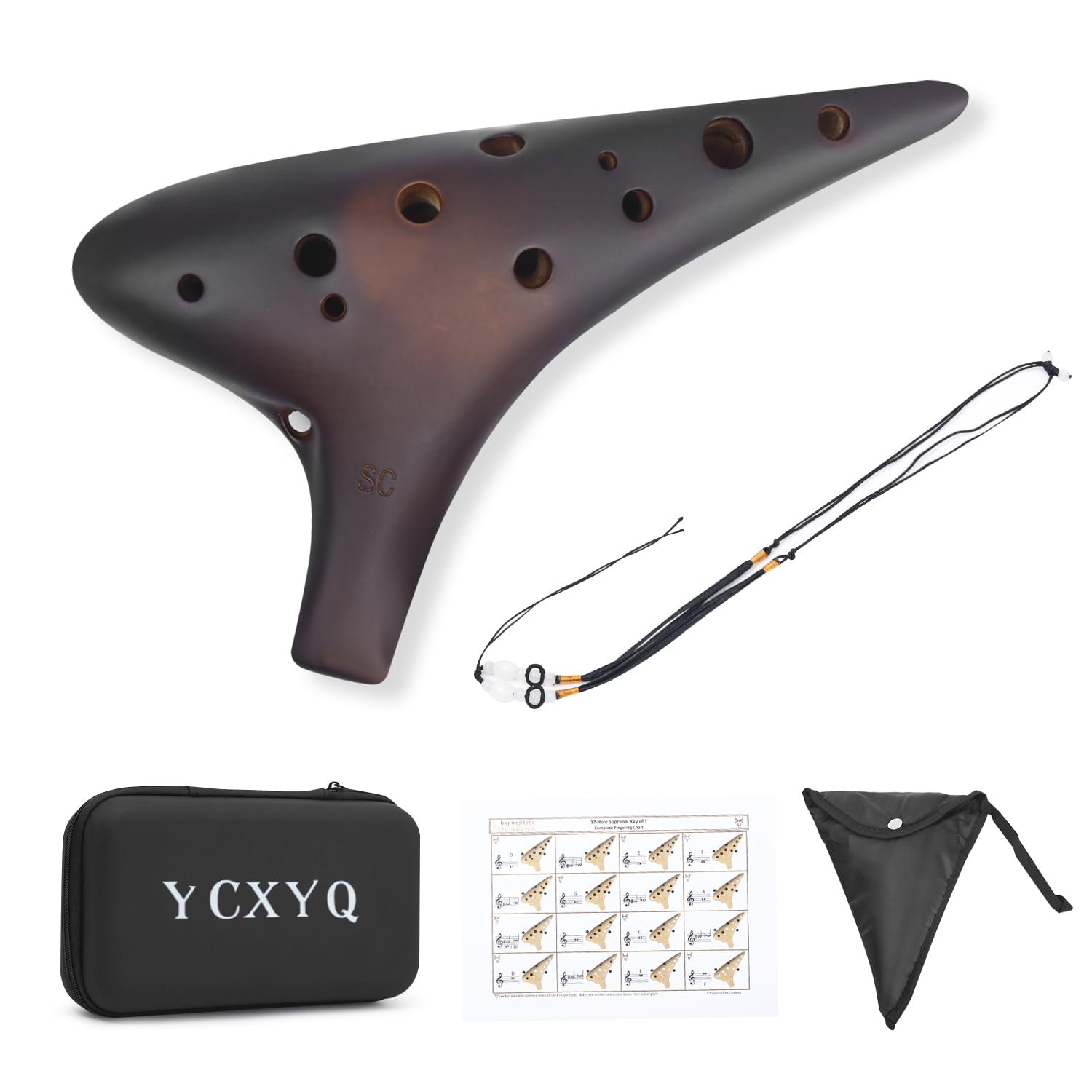 Chiave soprano in Do – Ocarina Professional Master Tuning a 12 fori in ceramica piccola affumicata per sparare con diagramma diteggiatura, cordino da collo e scatola portaoggetti