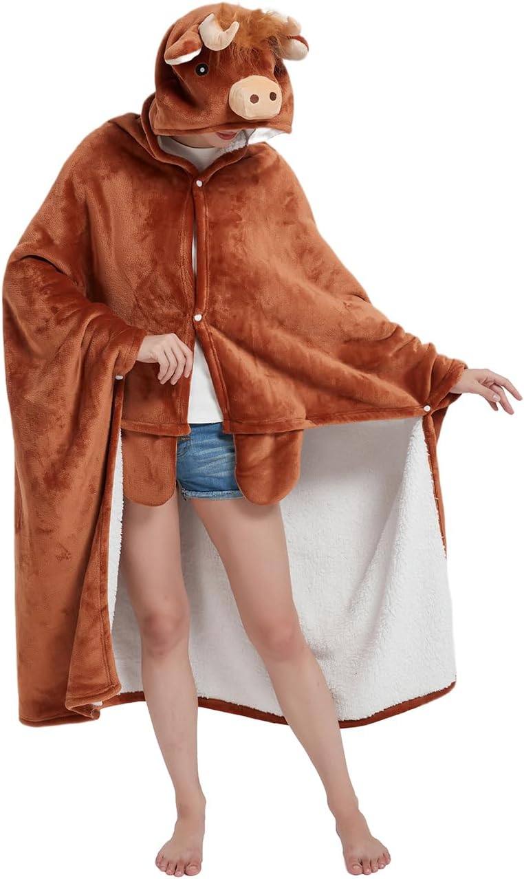 nafleap wearable hooded blanket for adult kids, animal blanket hoodie women girl fleece sherpa christmas gift adult brown cow
