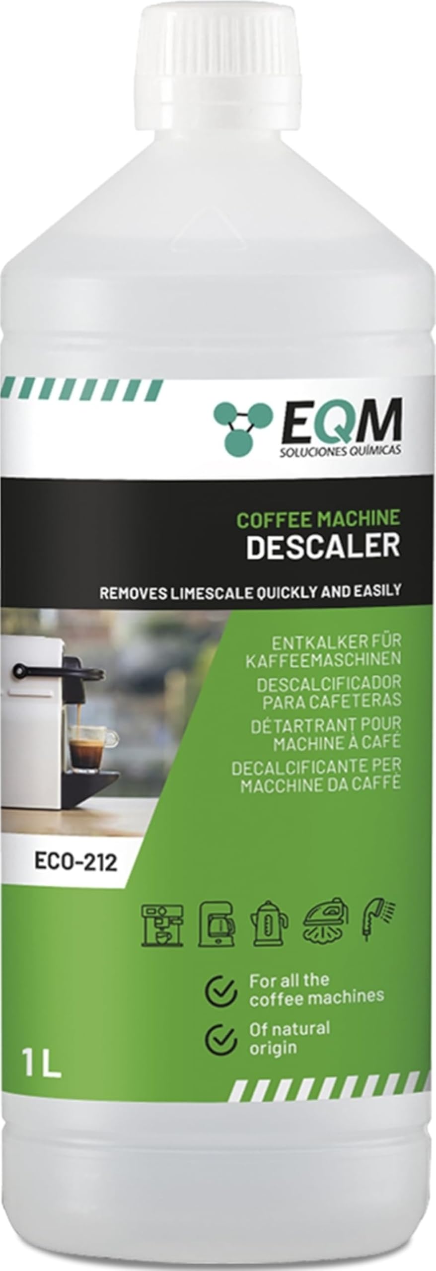 EQM - ECO-212 - Descalcificador para Cafeteras - 1L - Origen Natural 100% - Compatible con Todas las Máquinas de Café - Elimina la Cal Incrustada en Aparatos del Hogar