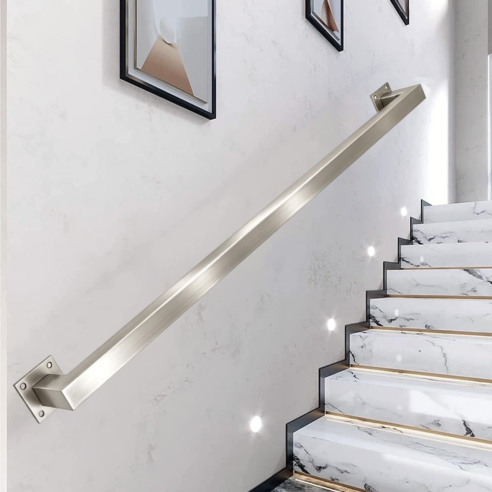Junvstor Handrails for Stairs, 1 2 3 4 5 6 M Bannister Rail for Staircase Handrail, Wall Mounted Safety Hand Rails, Square Pipe Stair Railing for Indoor Outdoor - Stainless Steel(16ft/480cm)