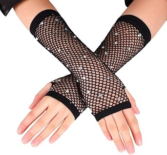 Rhinestone Fingerless Gloves Fishnet Gloves Mesh Elastic Arm Sleeves Theme Party Gloves for Women and Girls