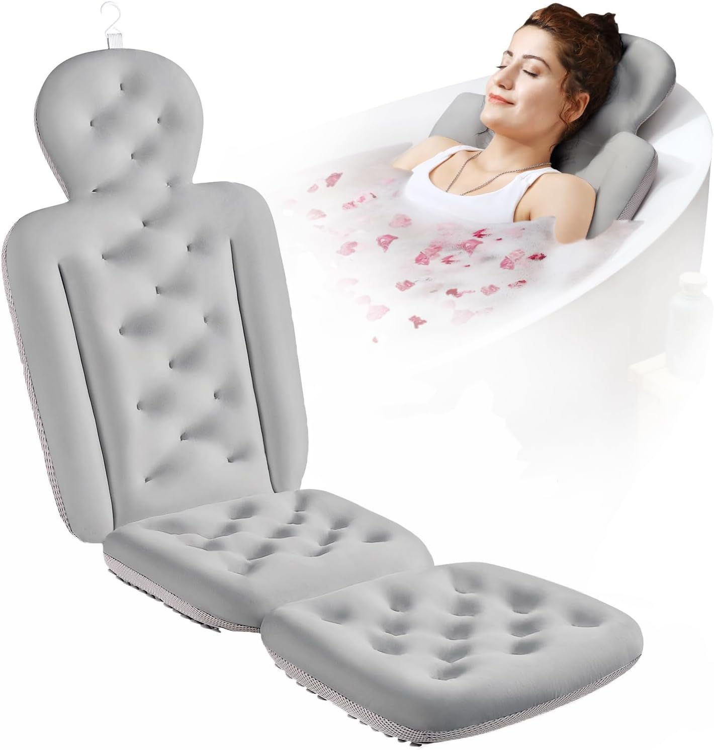 Full Body Bath Pillow for Bathtub, Thick Bathtub Cushion with Laundry Bag, Luxury Tub Pillow for Bath for Headrest Neck and Back Support Gray 56" x 16"