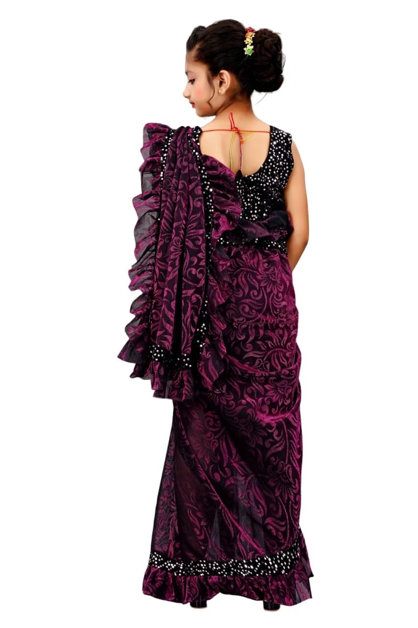 Dhyey fashion Girl's Lycra Blend Ruffle Saree and Velvet Unstitched Blouse Piece | Readymade Saree For Girls | Sarees For Girls | Delta Kids Ruffle Pink Saree 3-4 Years S - Image 2 thumbnail