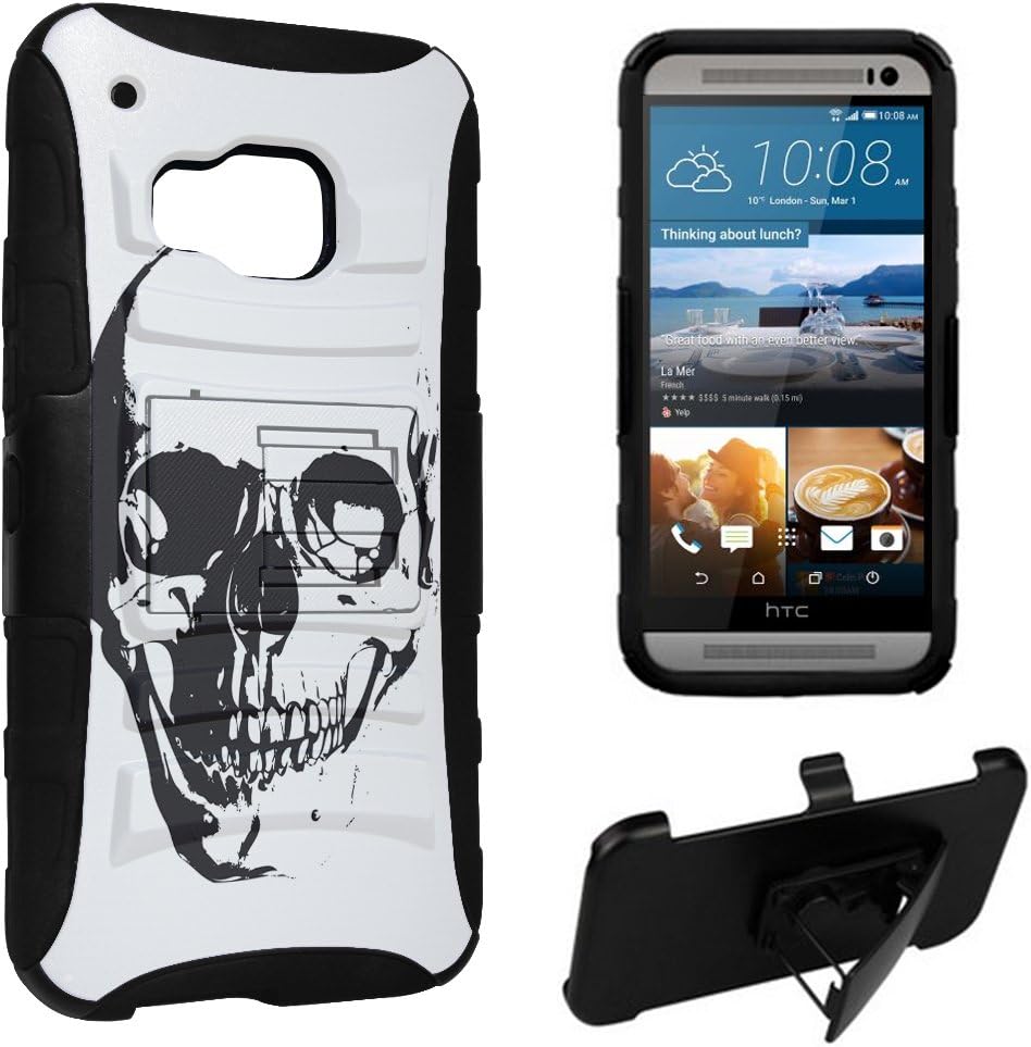 DuroCase HTC One M9 Hybrid Dual Layer Combat Armor Style Kickstand Case w/ Belt Clip Holster Combo - (Skull White)