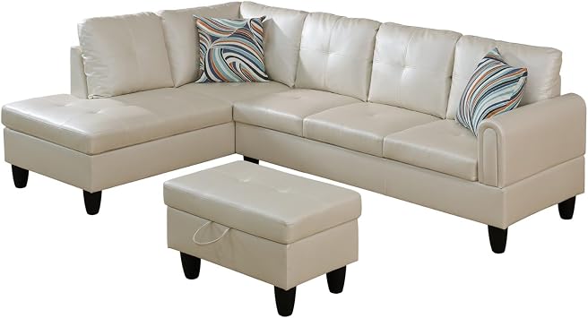 Elegant Pearl White Faux Leather L-Shaped Sofa Set with Ottoman Stylish 3-Piece Living Room FurnitureF09729,A