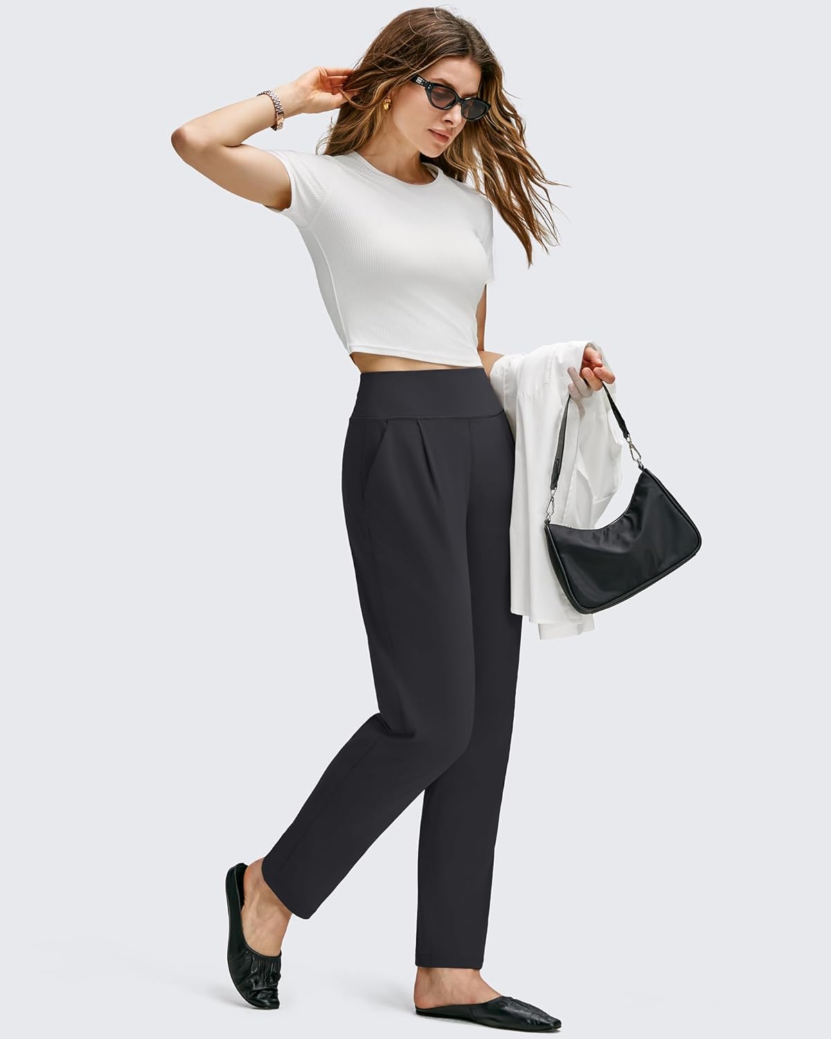 G4Free ShiftReady Ankle Women's Casual Pants with Pockets Tapered Front Pleated High Waist Trousers for Work Lounge Travel