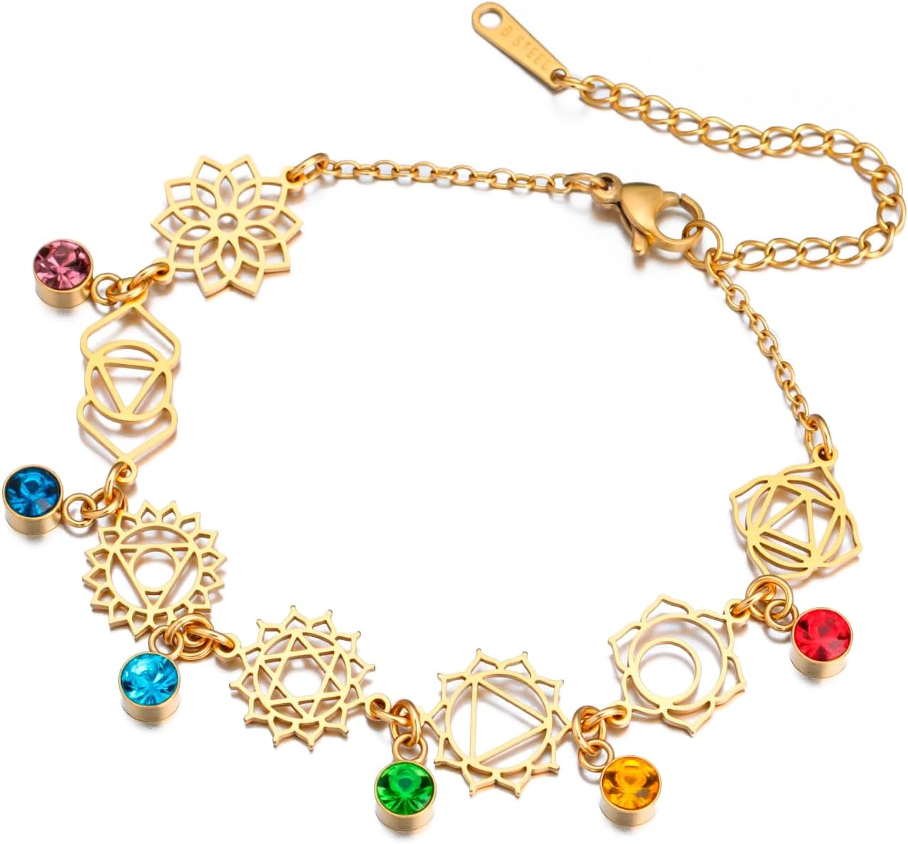 LIKGREAT 7 Chakra Adjustable Bracelet for Women Stainless Steel Spiritual Healing Symbol Bracelet Inspirational Yoga Jewellery for Meditation