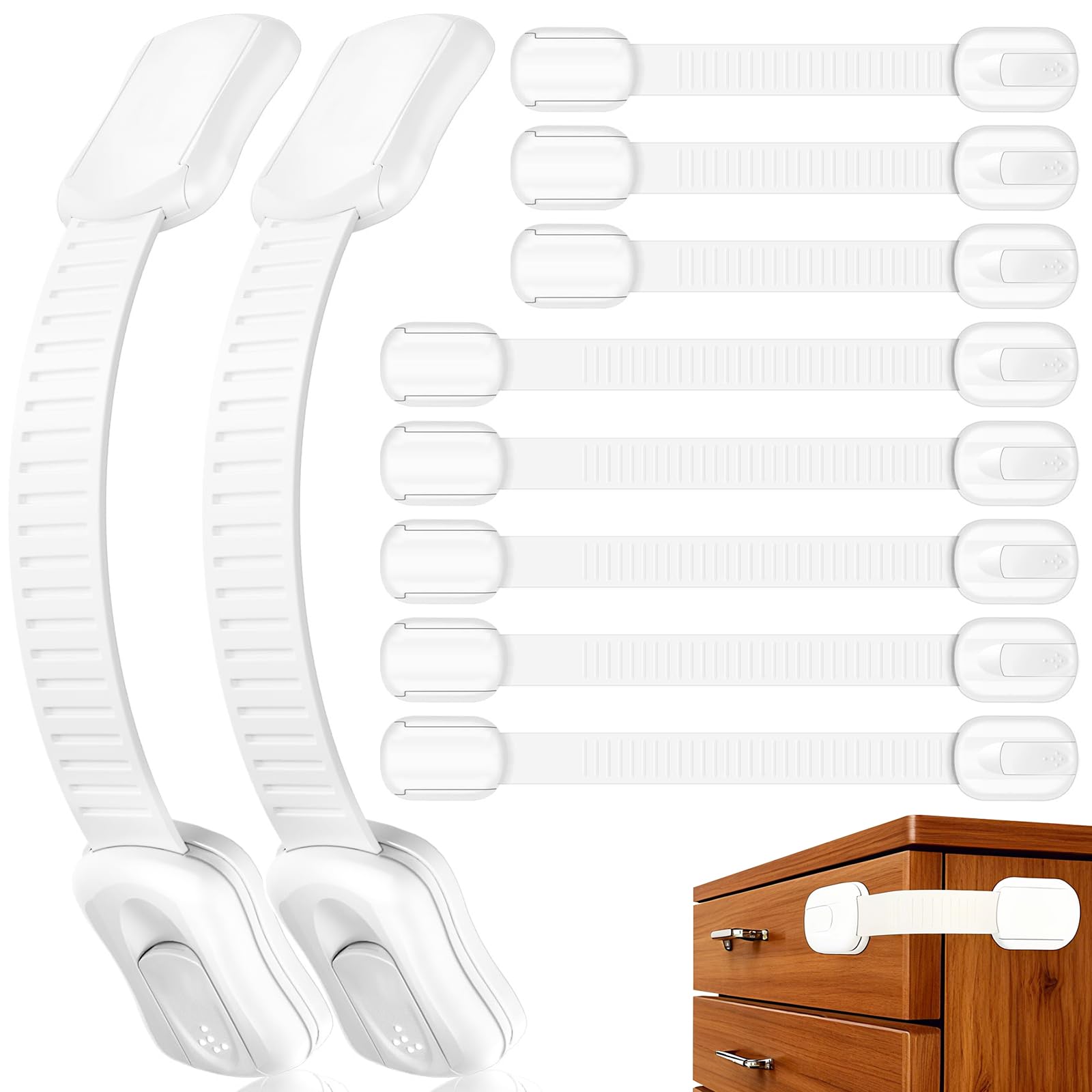 Kindersicherung Schrank 10 Stück, Schranksicherung Baby mit Adhesive ohne Bohren, Türsicherung Kinder Verstellbar Länge, Kinder Sicherheit Schloss für Schubladen, Schranktür, Kühlschrank, schränke