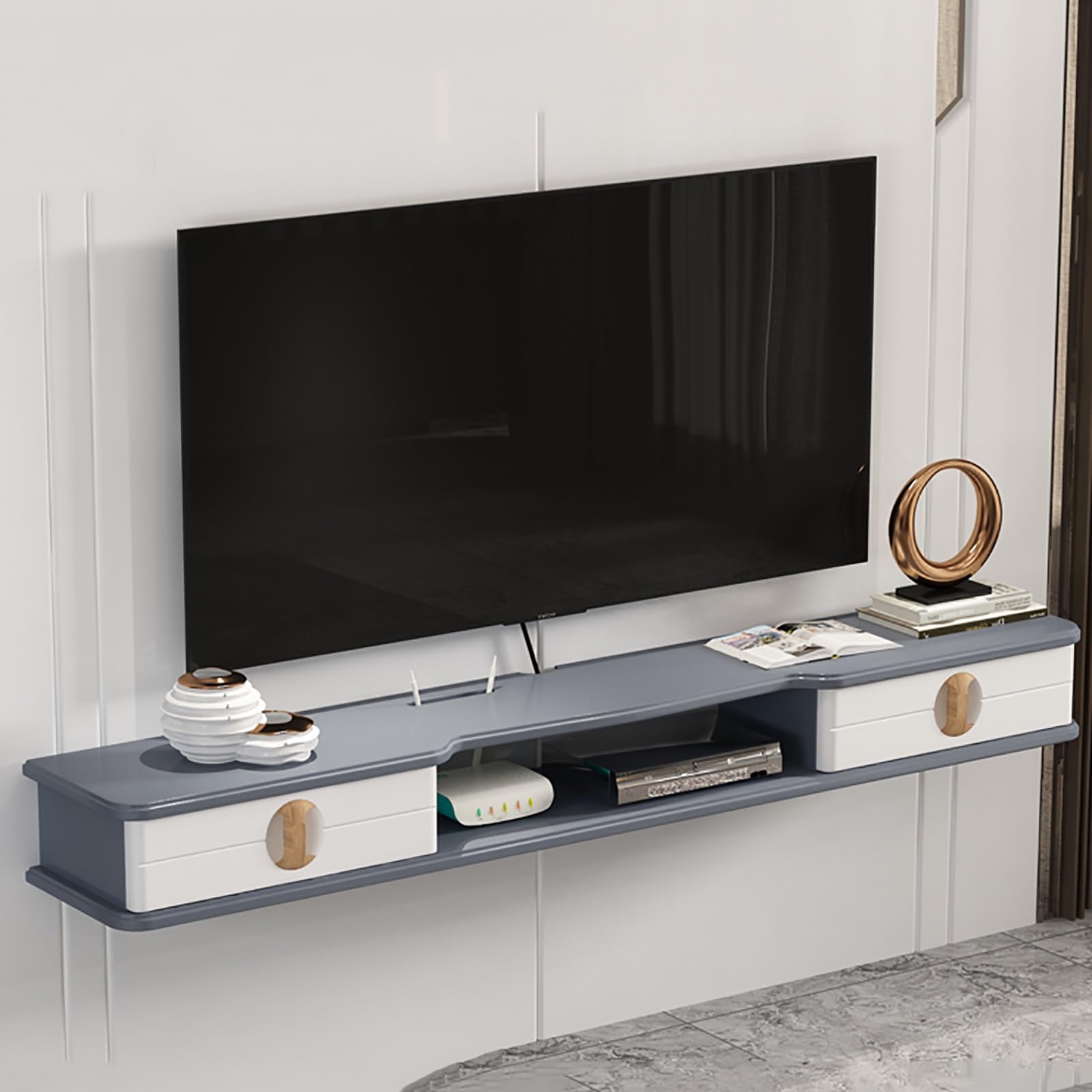 Meuble TV Suspendu Blanc et Gris, Centre de Divertissement 110 cm