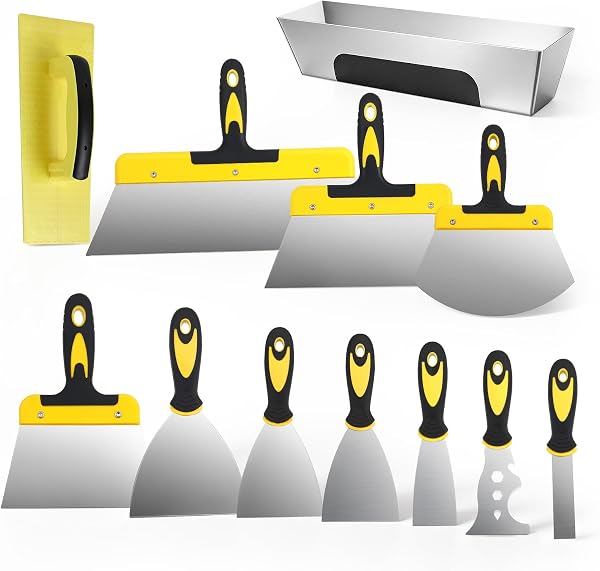 Juego de espátulas de superficie de 12 piezas, herramienta de acero inoxidable 350-25 mm con mango de plástico para paneles de yeso, enlucido, papel pintado con caja de espátula de acero inoxidable - 1