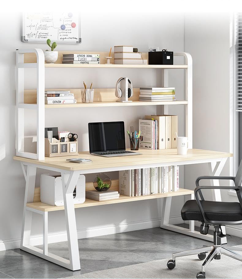 ANSHUN Study Desk,Computer Desk, Writing Table with Storage Shelves,Work Table for Home Office with Bookcase, Beige,140 * 60cm