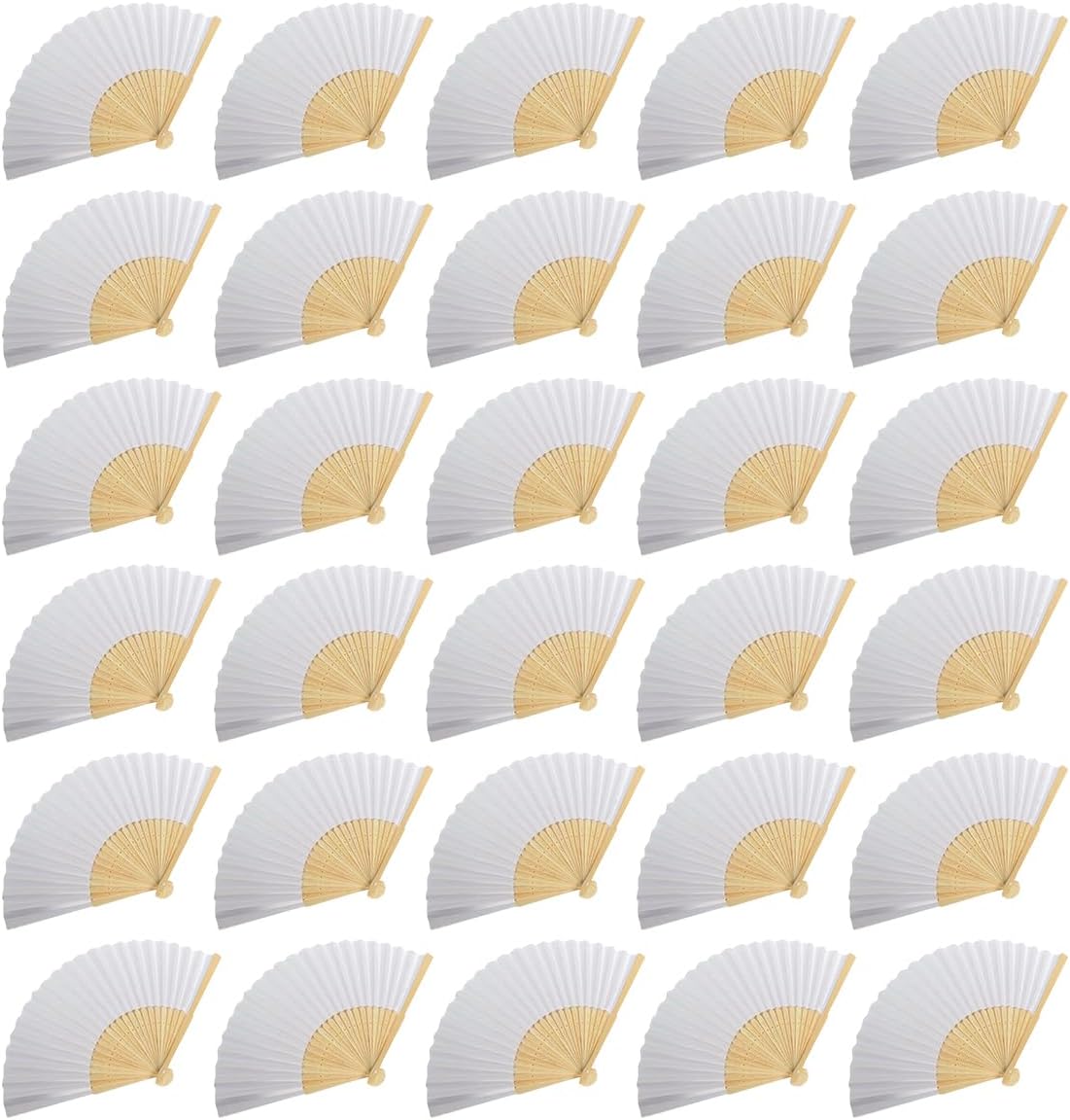 30 Pack White Paper Hand Fan Bamboo Folding Fan, Chinese Vintage Handheld Folded Fans for Performance, Dancing, Party Decoration