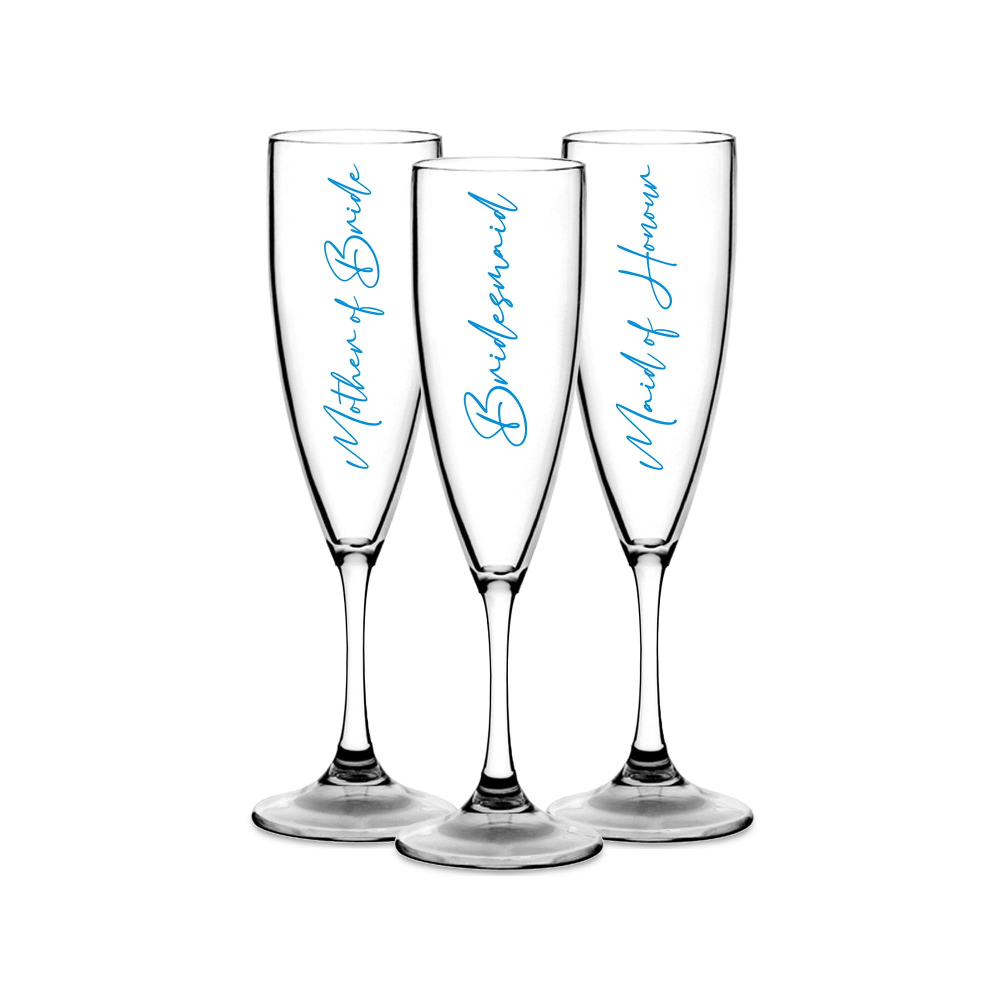 Print Maniacs Champagne Premium Clear Flute Glass Bride Groom Mr Mrs Wedding Maid Honour Wine Cocktail Prosecco Celebrations Gift (Blue, Set of 3 Bride Side Set)