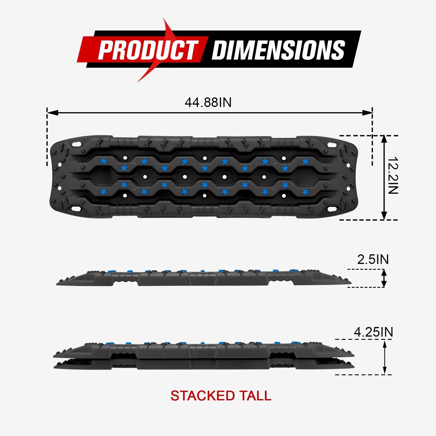 FIERYRED Large Off Road Traction Boards, Pair 44.88" L x 12" W Recovery Track Tire Traction Mat for Sand Mud Snow Vehicle Truck Jeep SUV, Traction Tracks, Black with Blue, GEN3