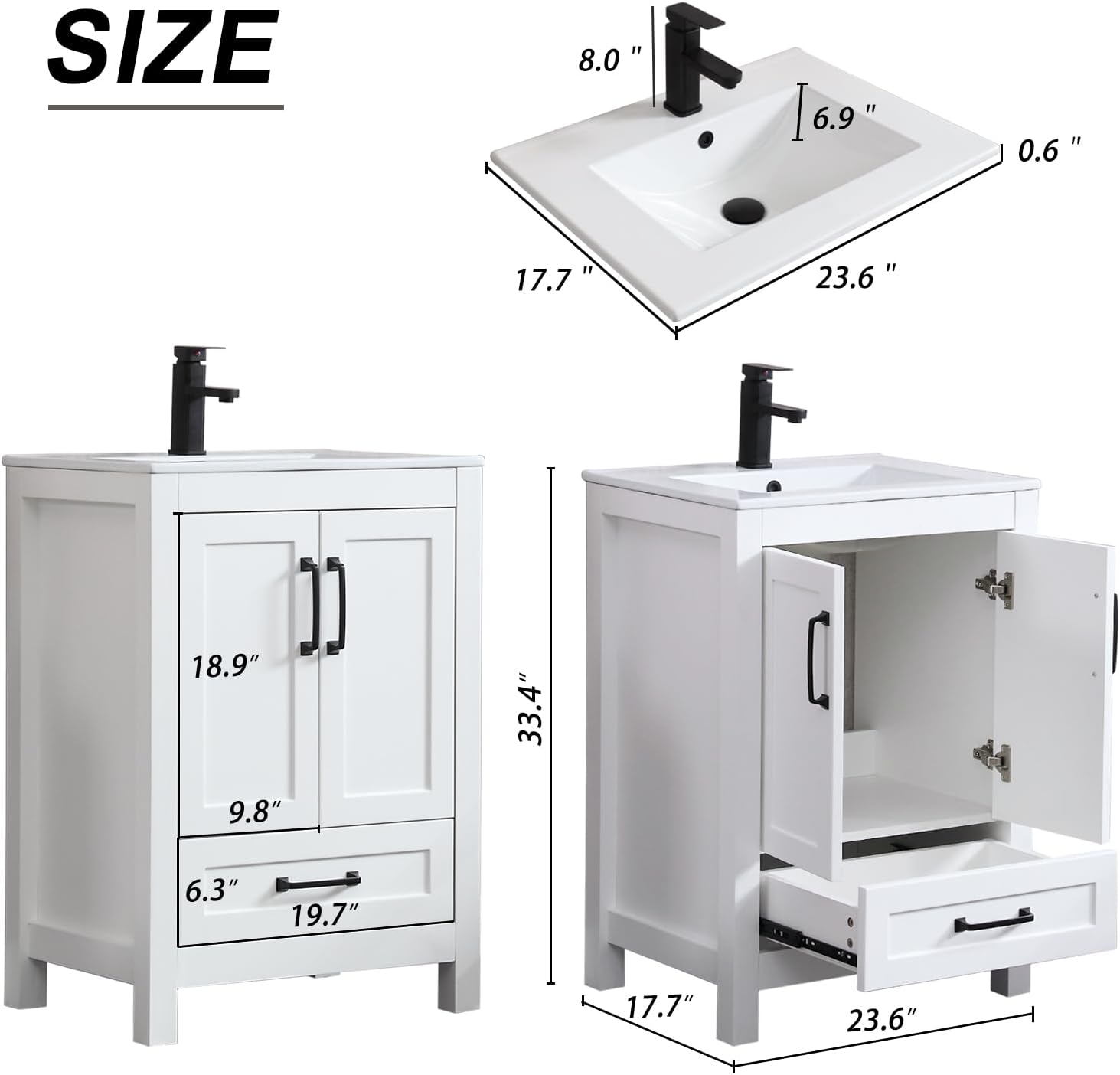 LUCKWIND 24” Bathroom Vanity with Sink, Modern Painted Bathroom Storage Cabinet with Ceramic Basin Sink Top and Faucet, Without Mirror, White
