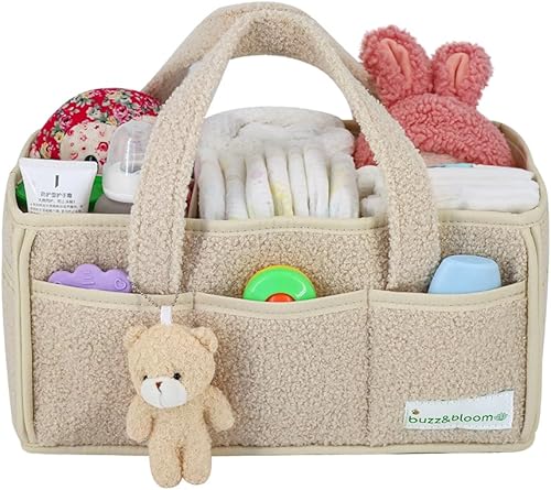 Buzz&Bloom Organizador de pañales de peluche para bebé, elegante cesta de almacenamiento para artículos esenciales para recién nacidos y estación de