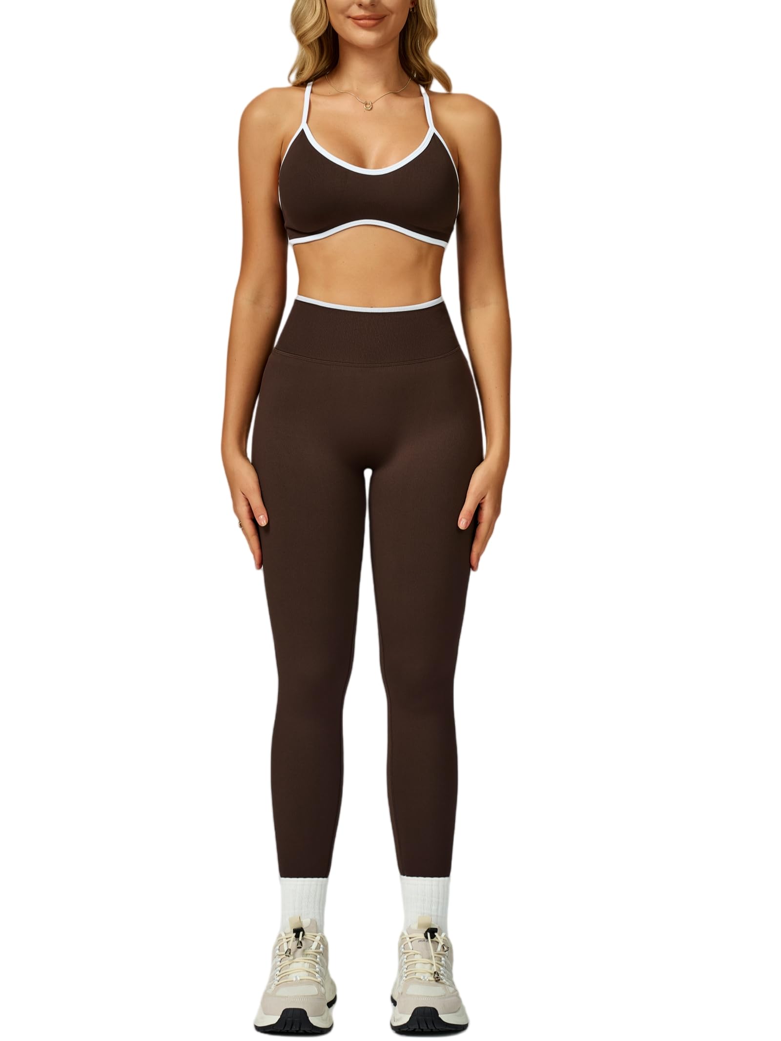 ABOCIW Womens 2 Piece Workout Sets Seamless Color Block Sports Bra Scrunch Butt Lifting High Waist Leggings Gym