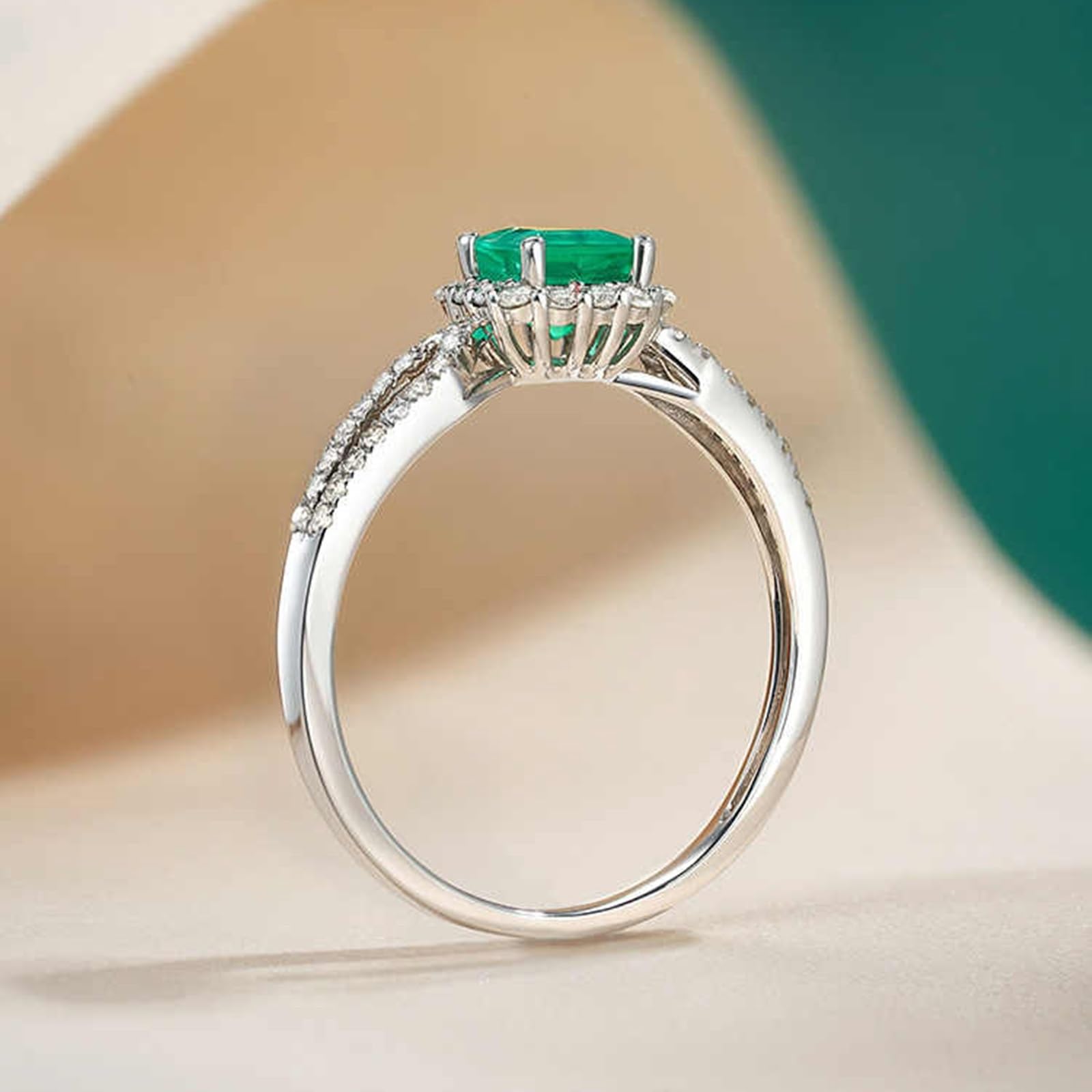 Pierścionek damski, białe złoto, prawdziwe złoto, pierścionek zaręczynowy, elegancki 0,4 ct szmaragdowy pierścionek dla kobiet