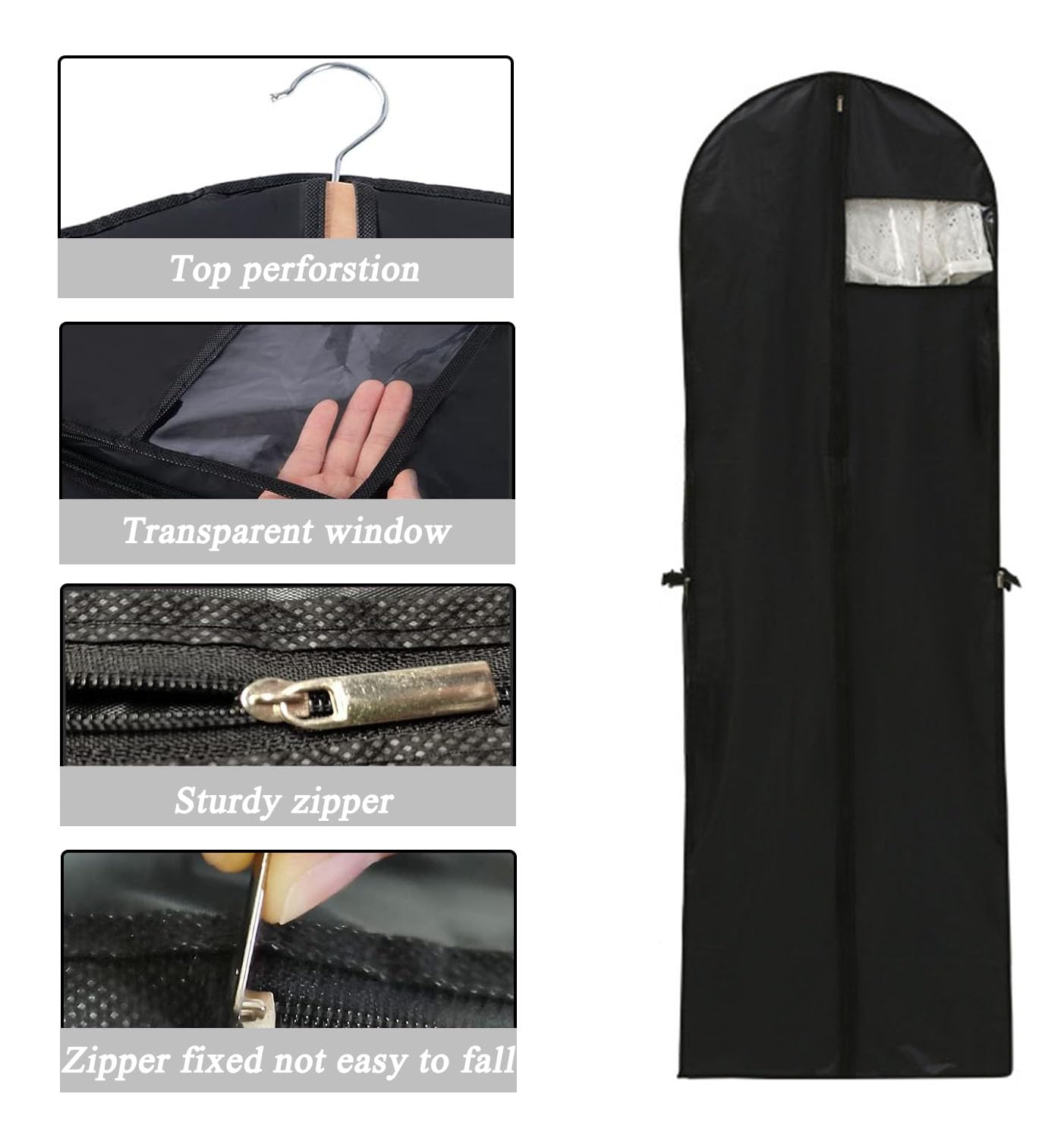 Long Dress Covers Bag Dust Proof Clothes Covers Moth Proof Garment Bag Wedding Dress Bag Folding Long Coat Cover for Coat Gowns Dresses Shirts Suits Jackets Storage (Black) - Image 3