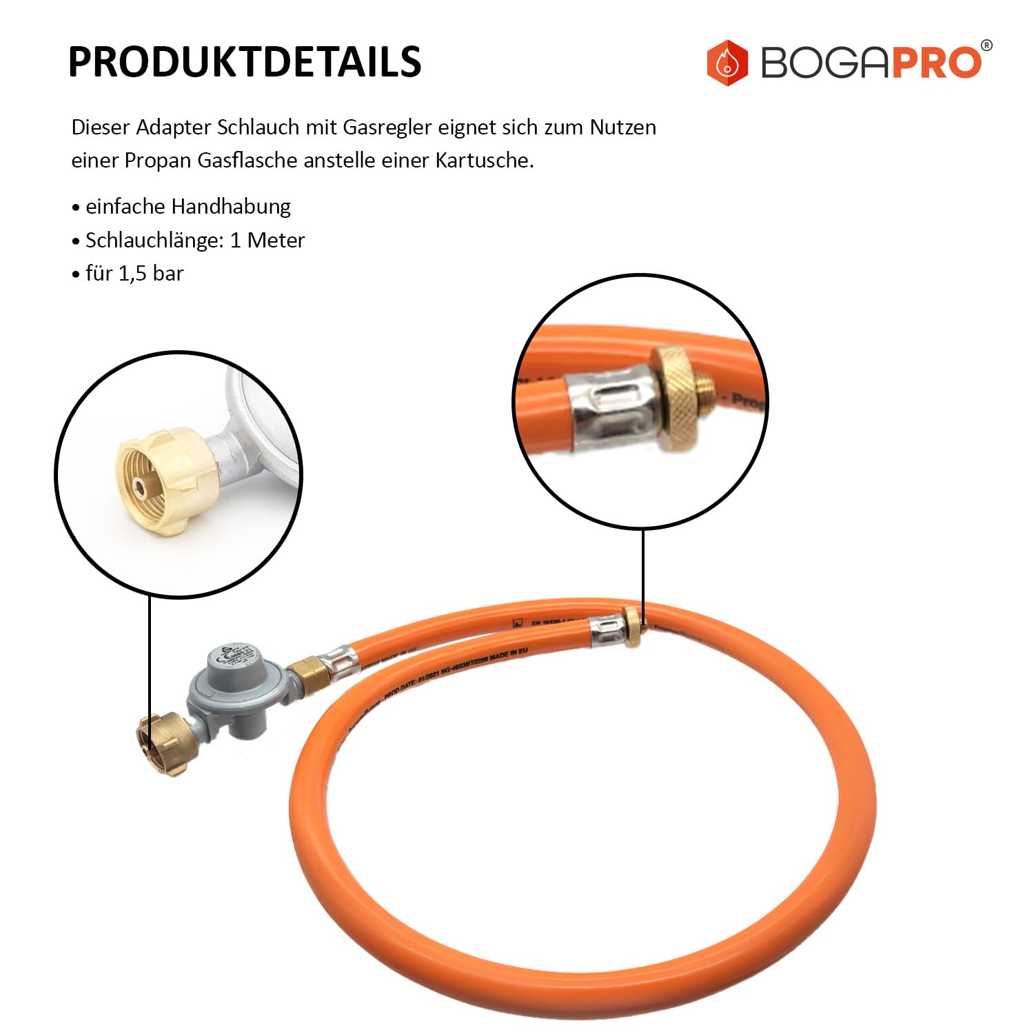 Adapter-Schlauch mit Gasregler, zum Anschließen von Propan Gasflaschen, 3/8'' Links Überwurfmutter x Aussengewinde 7/16'' x 28 UNEF, mit Lecksuchspray und Polybeutel