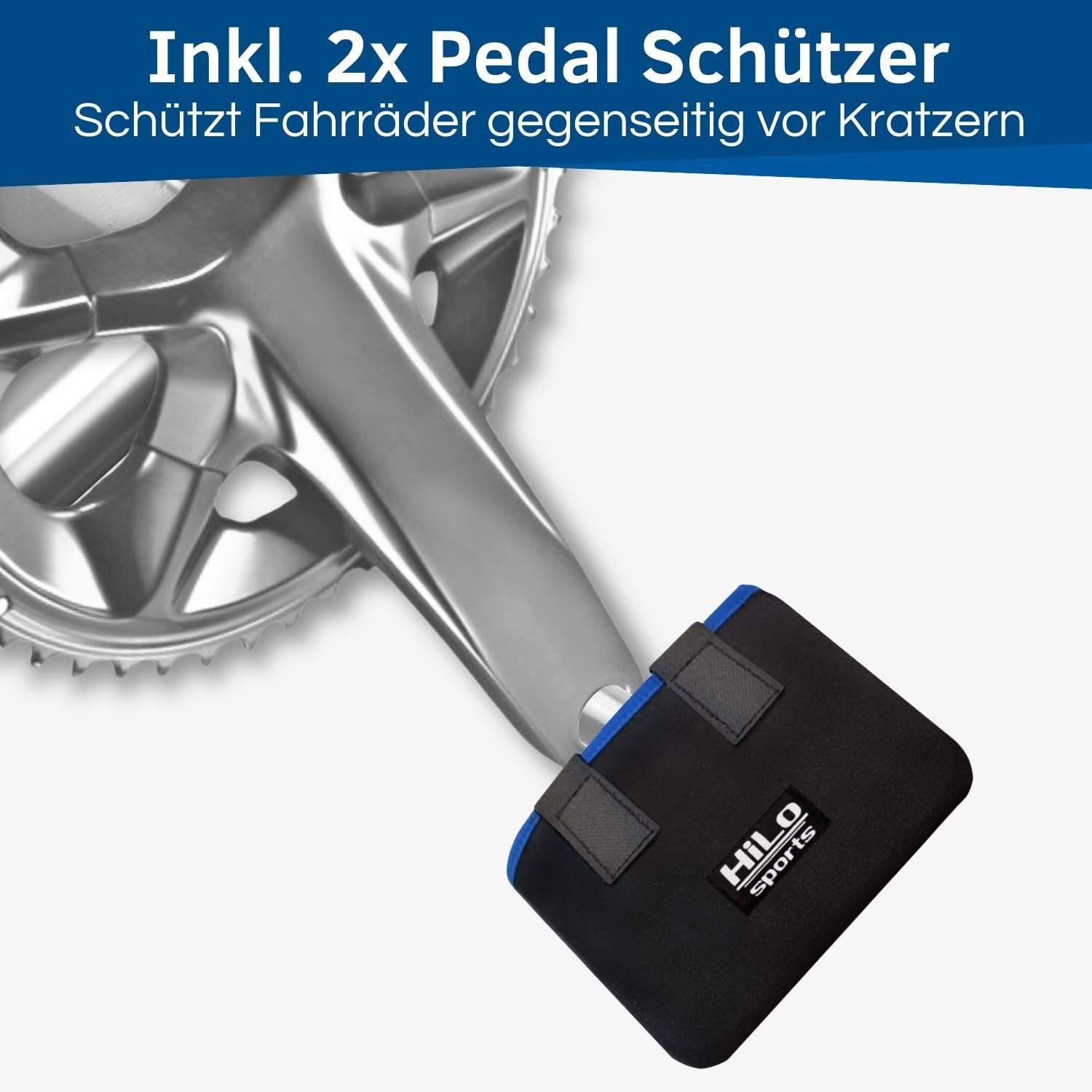 HiLo sports Fahrrad Rahmen- und Transportschutz Set - [4x Rahmenschützer & 2x Pedalschützer] - Für alle Rahmenumfänge von 5-28cm - E-Bike und Fahrrad Schutz mit Reflektoren (Schwarz - Blau)
