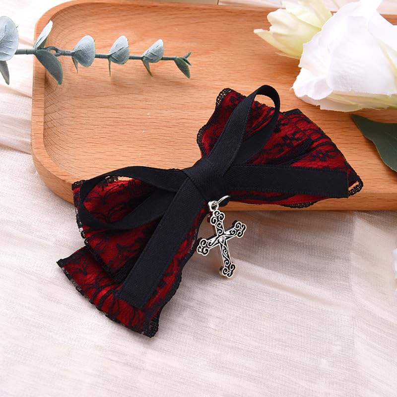 Gothic Lace Bow Hair Clip with Cross Pendant Halloween Cosplay Hair Accessories for Women Red Black Bowknot Hairclip for Girls Goth Halloween Party Hairpins - Image 2