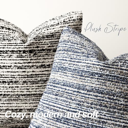 Image of Foindtower Set of 2 Faux Fur Textured Modern Throw Decorative Pillow Covers Lumbar Accent Striped Cushion Sherpa Boho Farmhouse Pillowcase for Couch Sofa Living Room Home Decor 12x20 Inch,Dark Blue