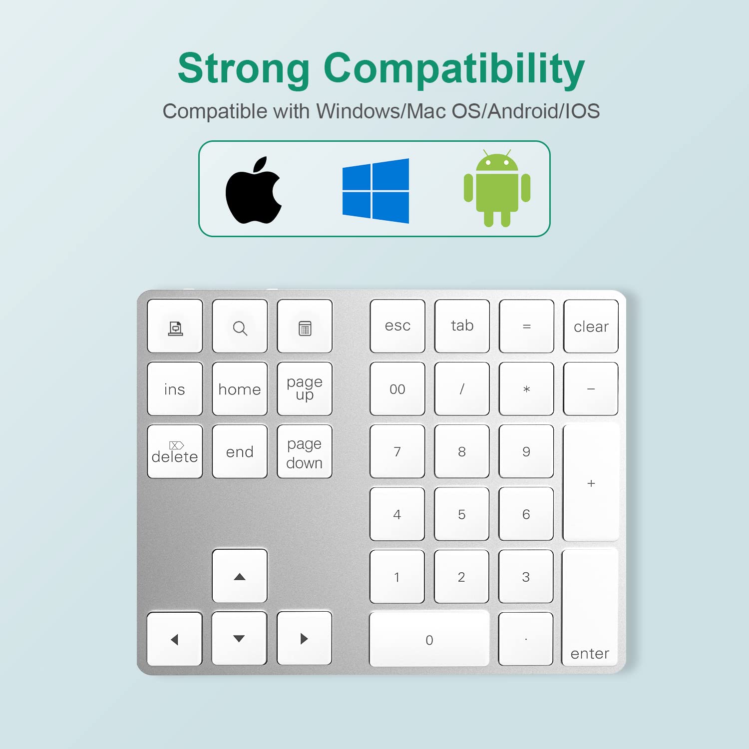 Pavé Numérique sans Fil, Clavier Bluetooth à 34 Touches Clavier avec Câble USB Compatible avec Windows, iOS, système Android, Argent