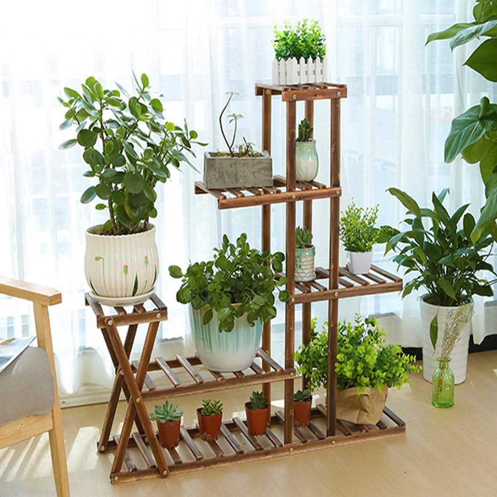 Support Plantes Interieur en Bois Support D’étagère à Plantes Robuste 5 Niveaux Capacité 10 Pots étagère à Plantes Multi Niveaux pour Intérieur Escalier Montage Facile Salon Balcon Jardin Terrasse