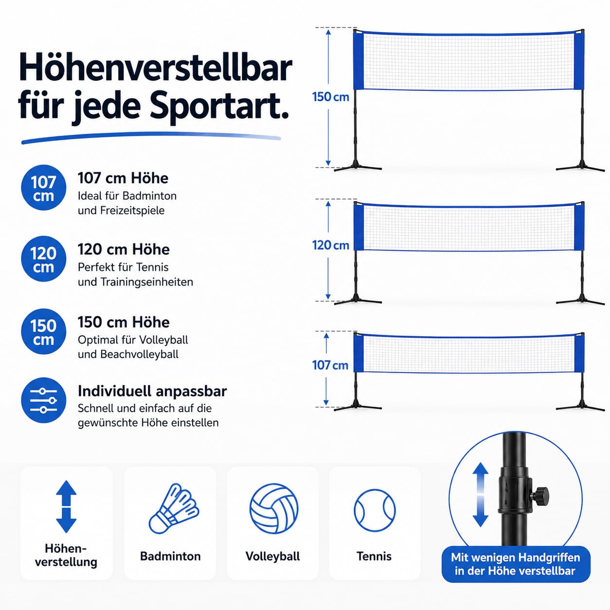 Rete da badminton pieghevole da 3,1 m, con supporto regolabile in altezza 107/105/150 cm e borsa per il trasporto, rete sportiva per volano, tennis, pallavolo o beach volley, rete in nylon, facile da
