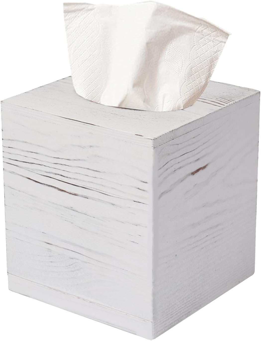 Tissue Box Cover Square, Rustic White Wooden Tissue Box Holder for Kleenex - Facial Tissue Holder for Bathroom, Bedroom, Office, Vanity